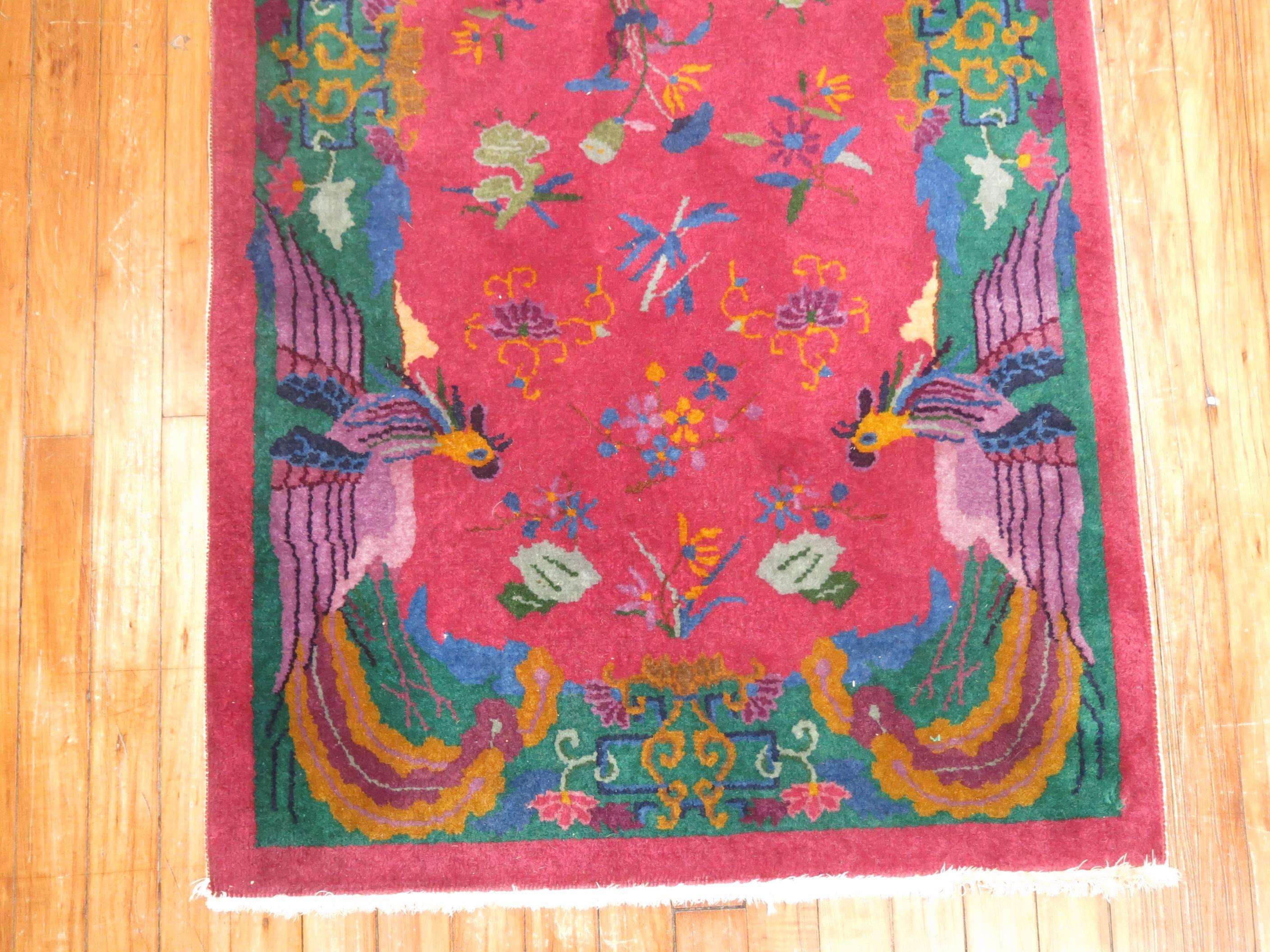 Wool Chinese Art Deco Throw Pictorial Rug
