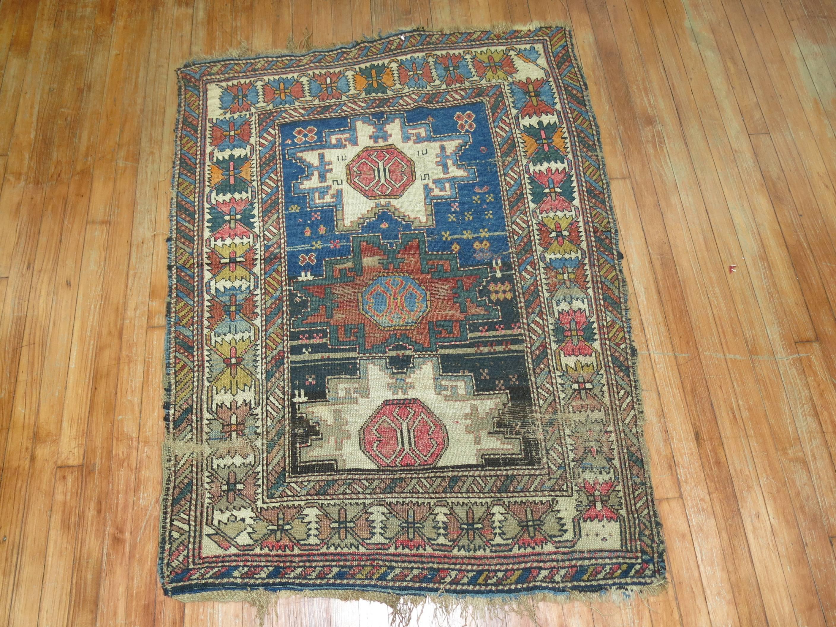 Tribal Distressed Antique Caucasian Rug