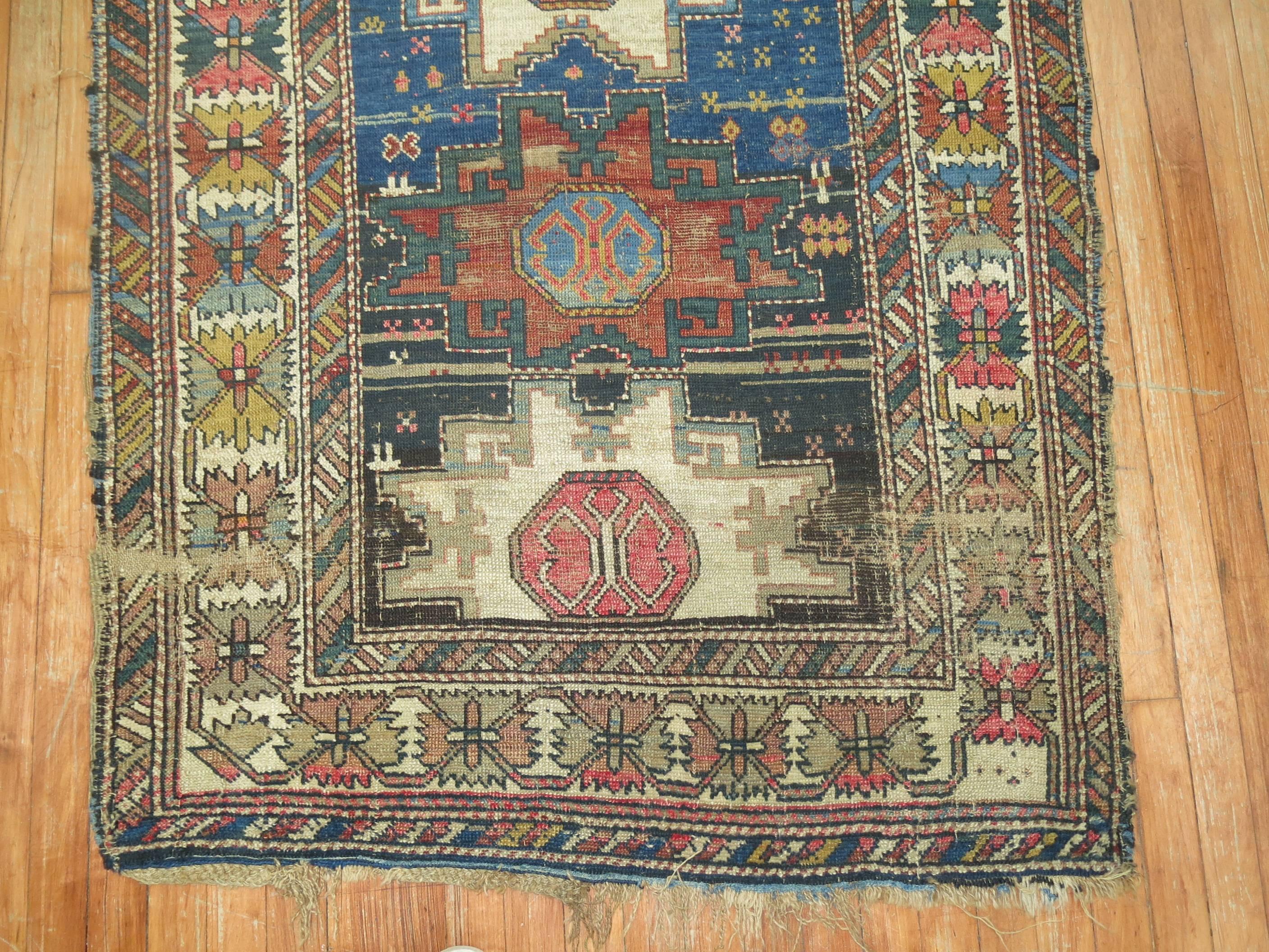 Hand-Woven Distressed Antique Caucasian Rug