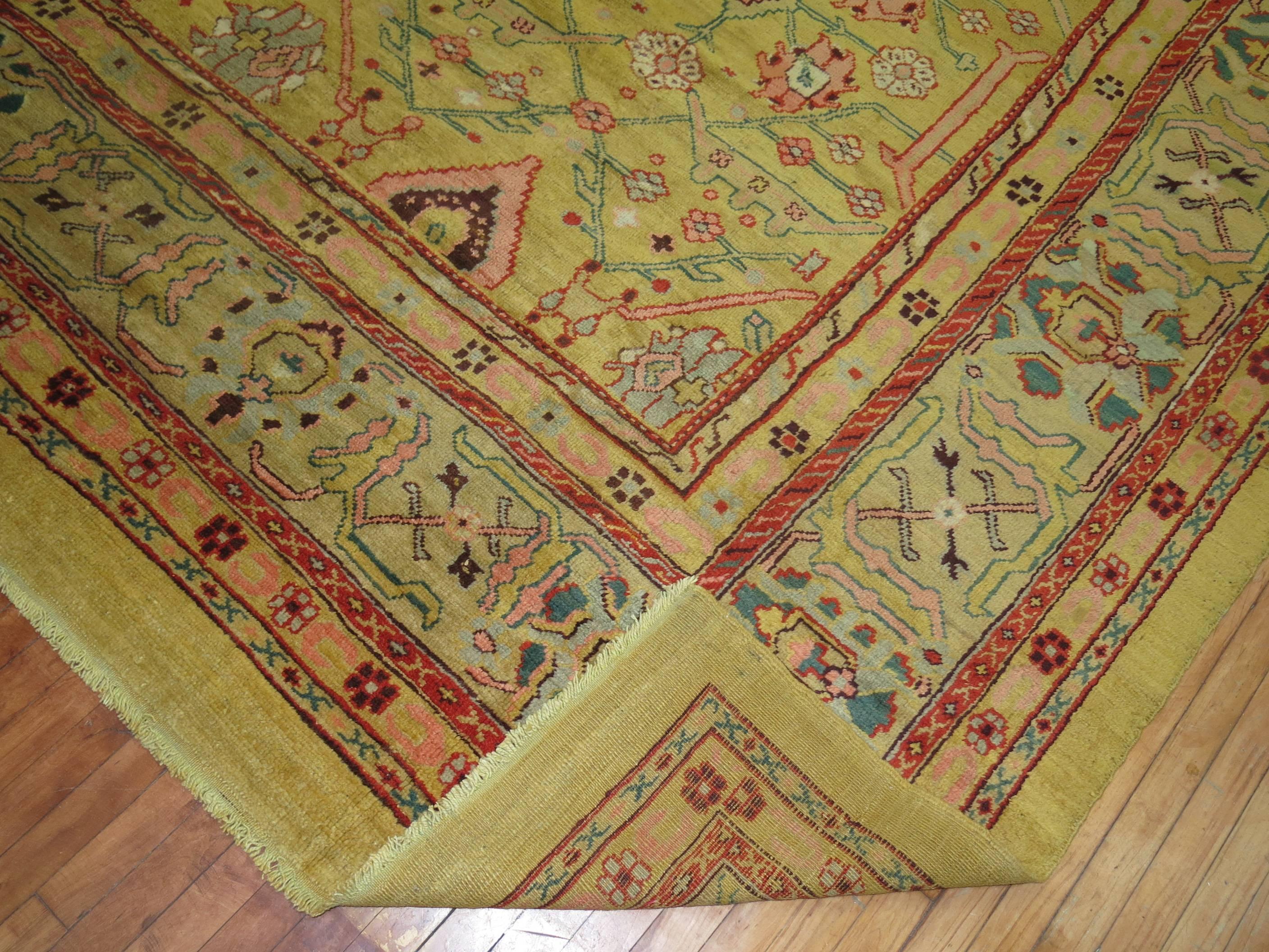 Wool Zabihi Collection Large Green Antique Turkish Oushak Rug For Sale