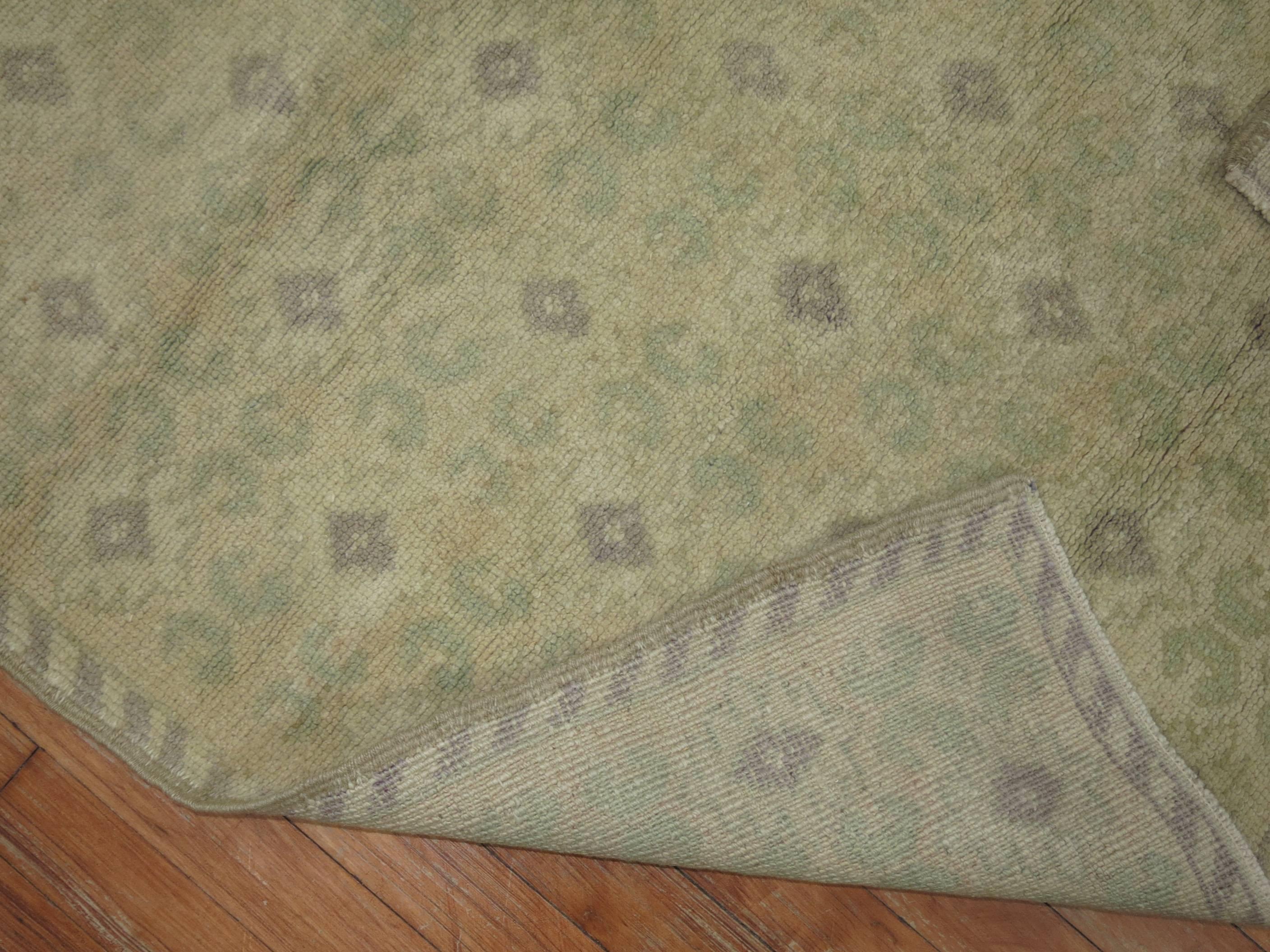 Hand-Knotted Beige Green Accent Mid-20th Century Turkish Floral Wool Runner For Sale