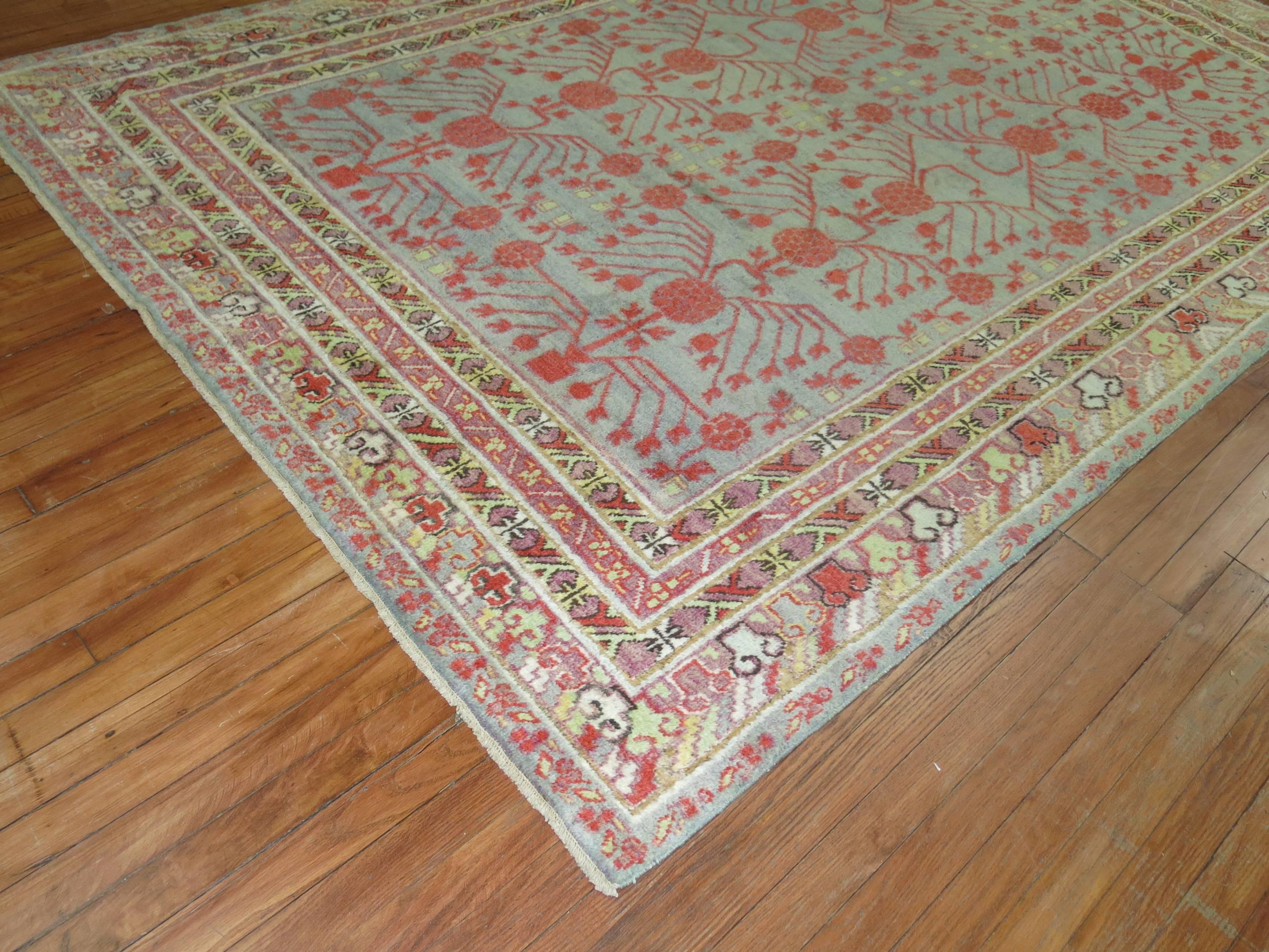 Chinese Chippendale Wool Early 20th Century Khotan Gray Field Red Pomegranate Full Pile Rug For Sale