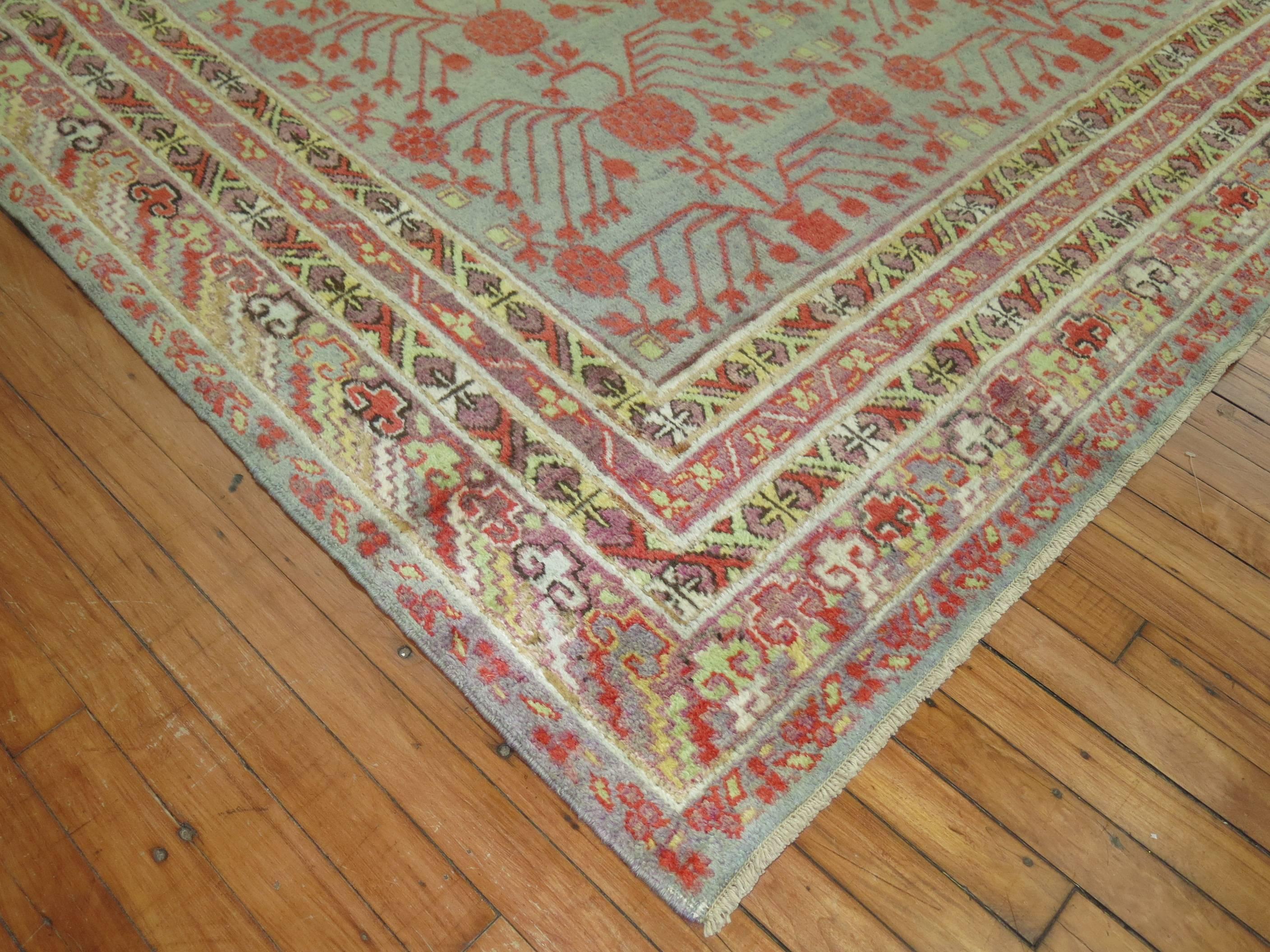 Wool Early 20th Century Khotan Gray Field Red Pomegranate Full Pile Rug For Sale 1