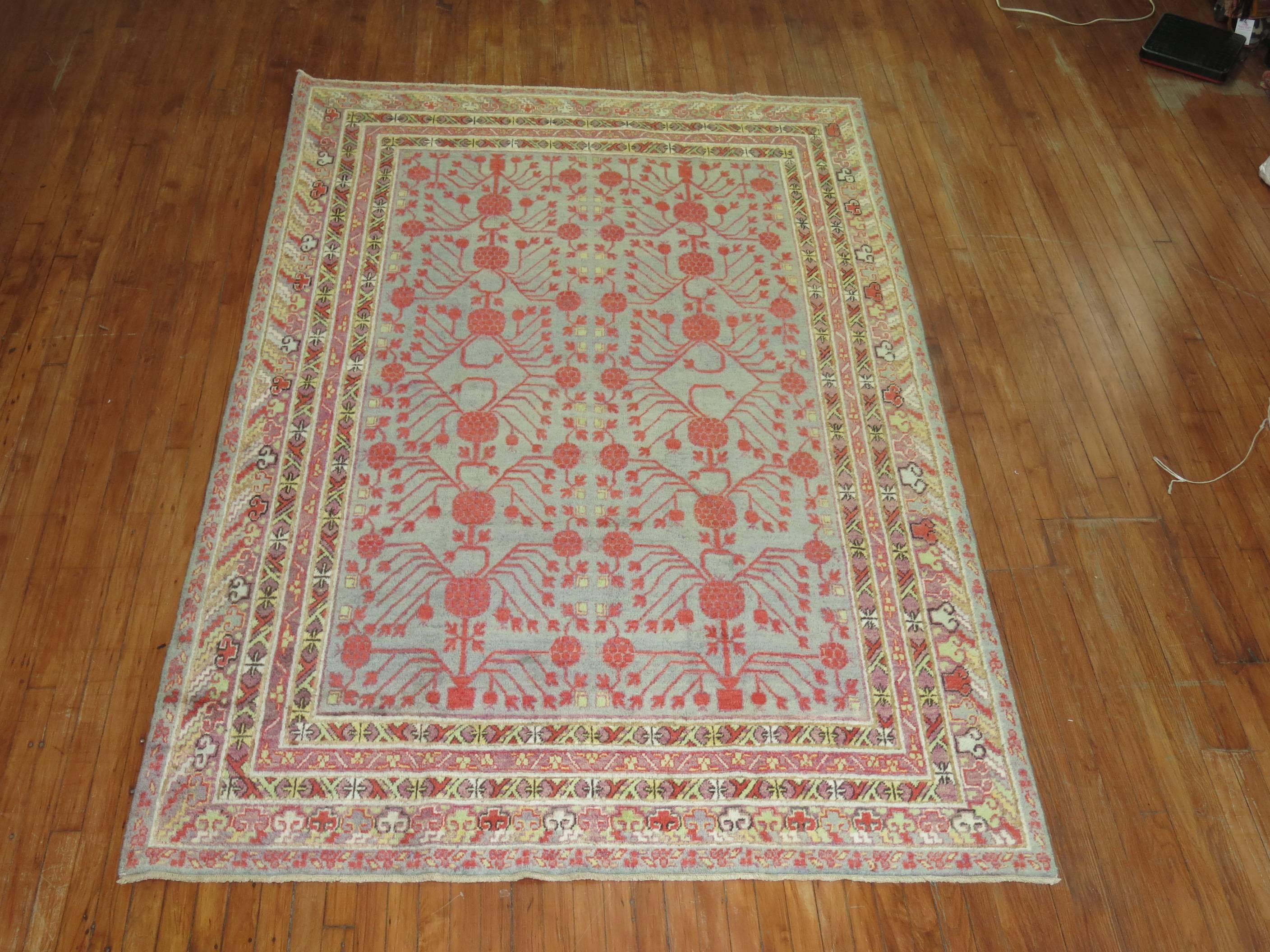 Wool Early 20th Century Khotan Gray Field Red Pomegranate Full Pile Rug For Sale 2