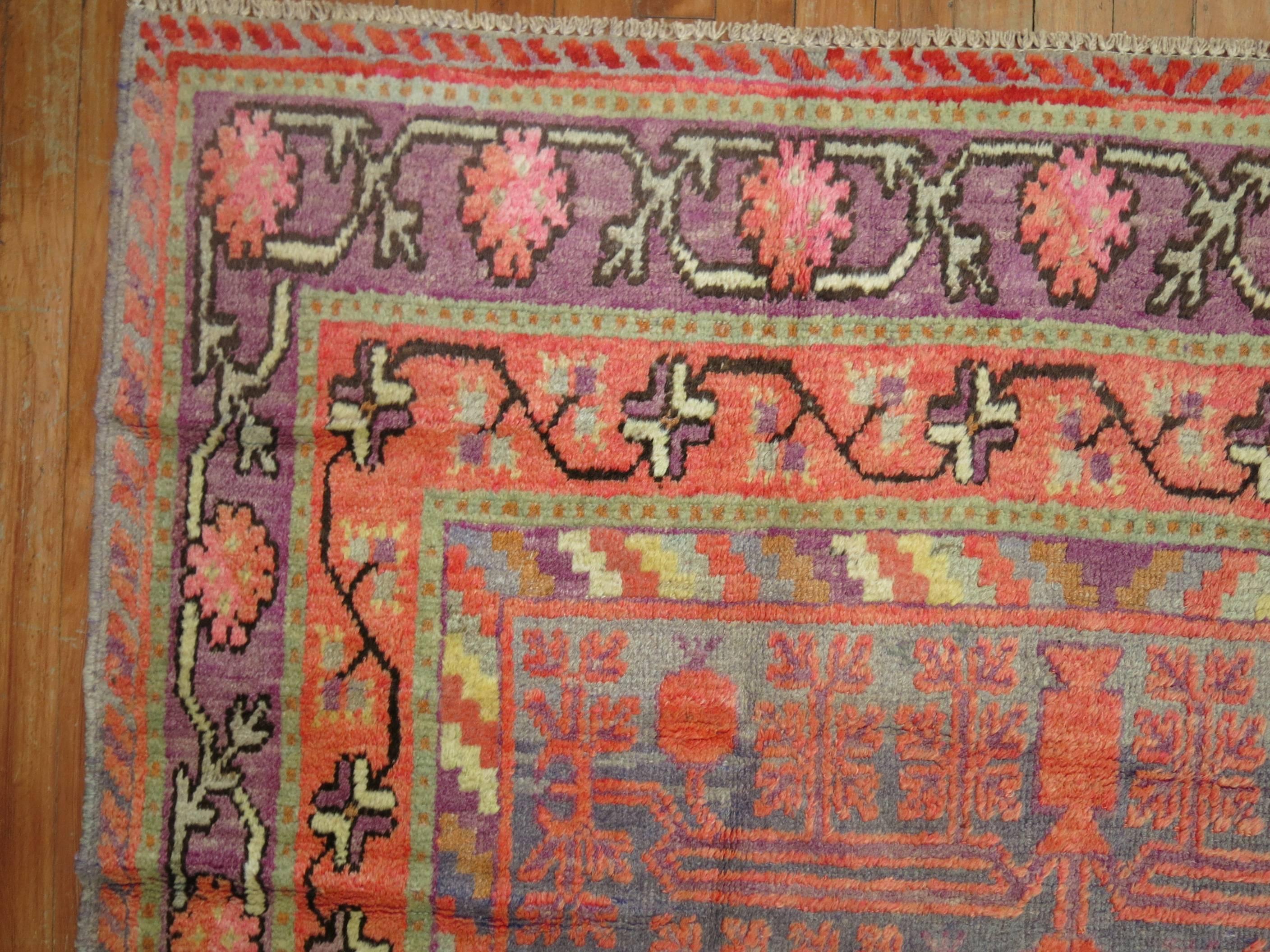 Baroque Early 20th Century Khotan Wool Gray Field Antique Pomegranate Rug For Sale