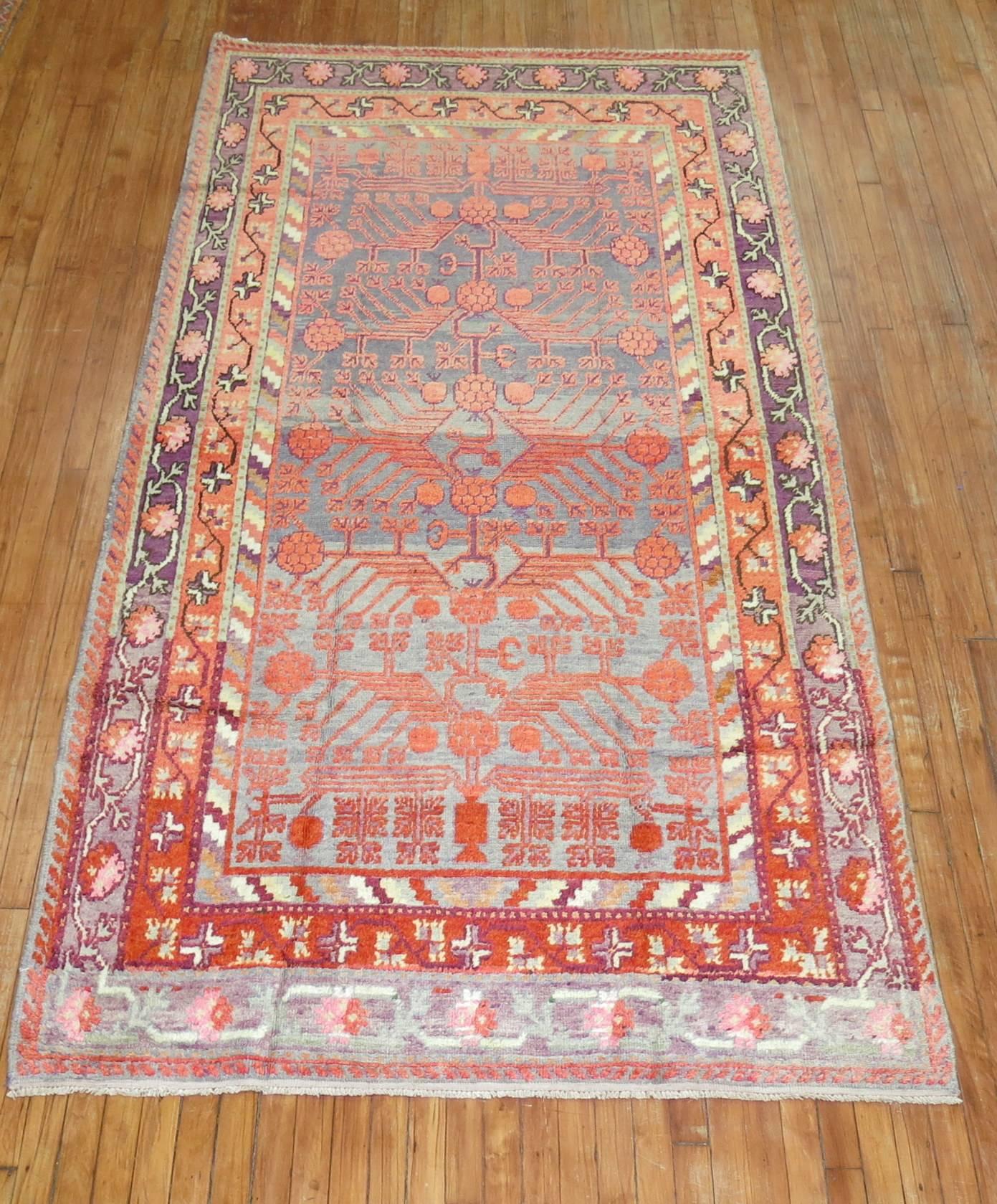 Hand-Woven Early 20th Century Khotan Wool Gray Field Antique Pomegranate Rug For Sale