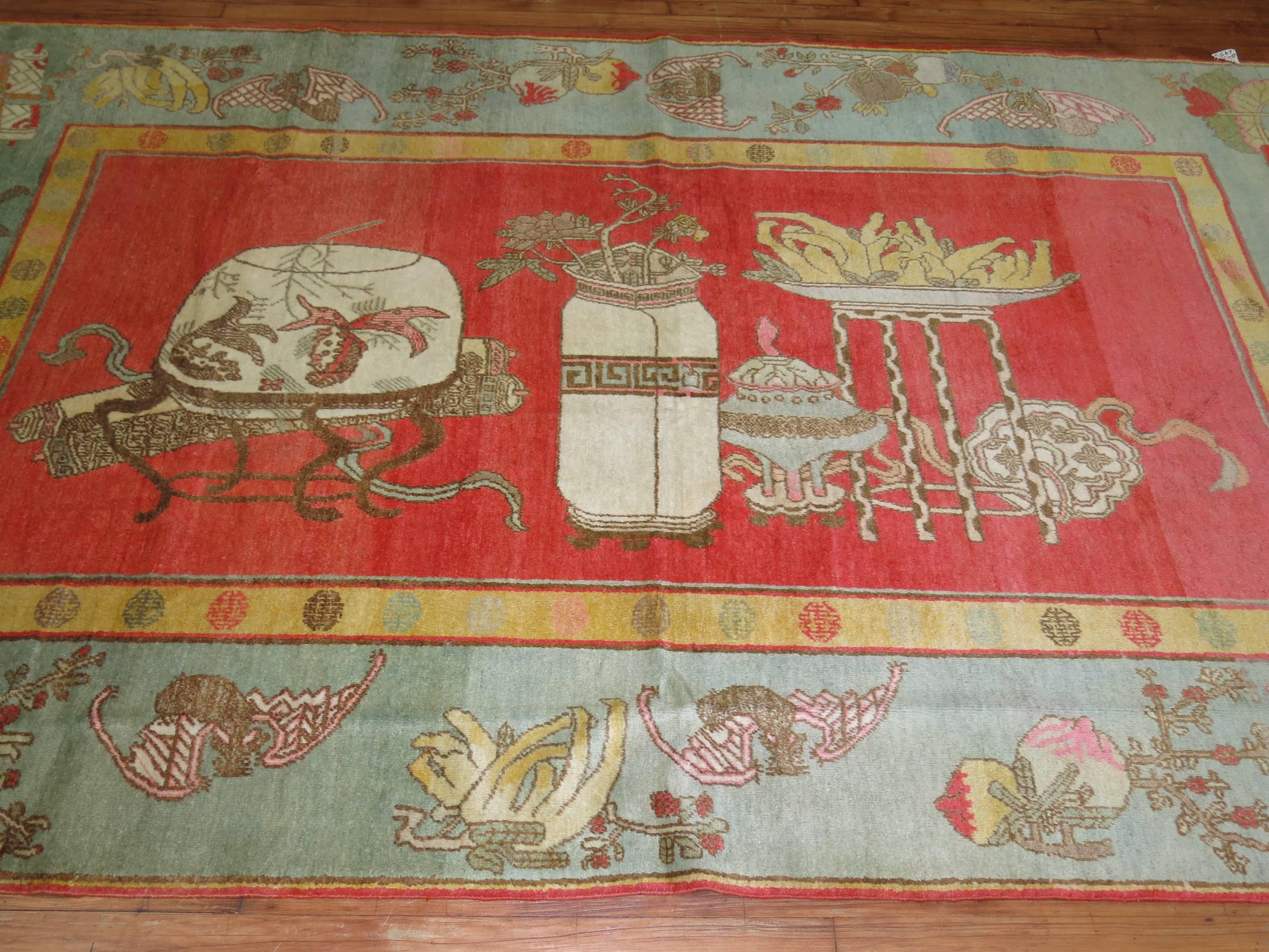 Early 20th Century Khotan Wool Vase Design Watermelon Antique  Rug For Sale 2