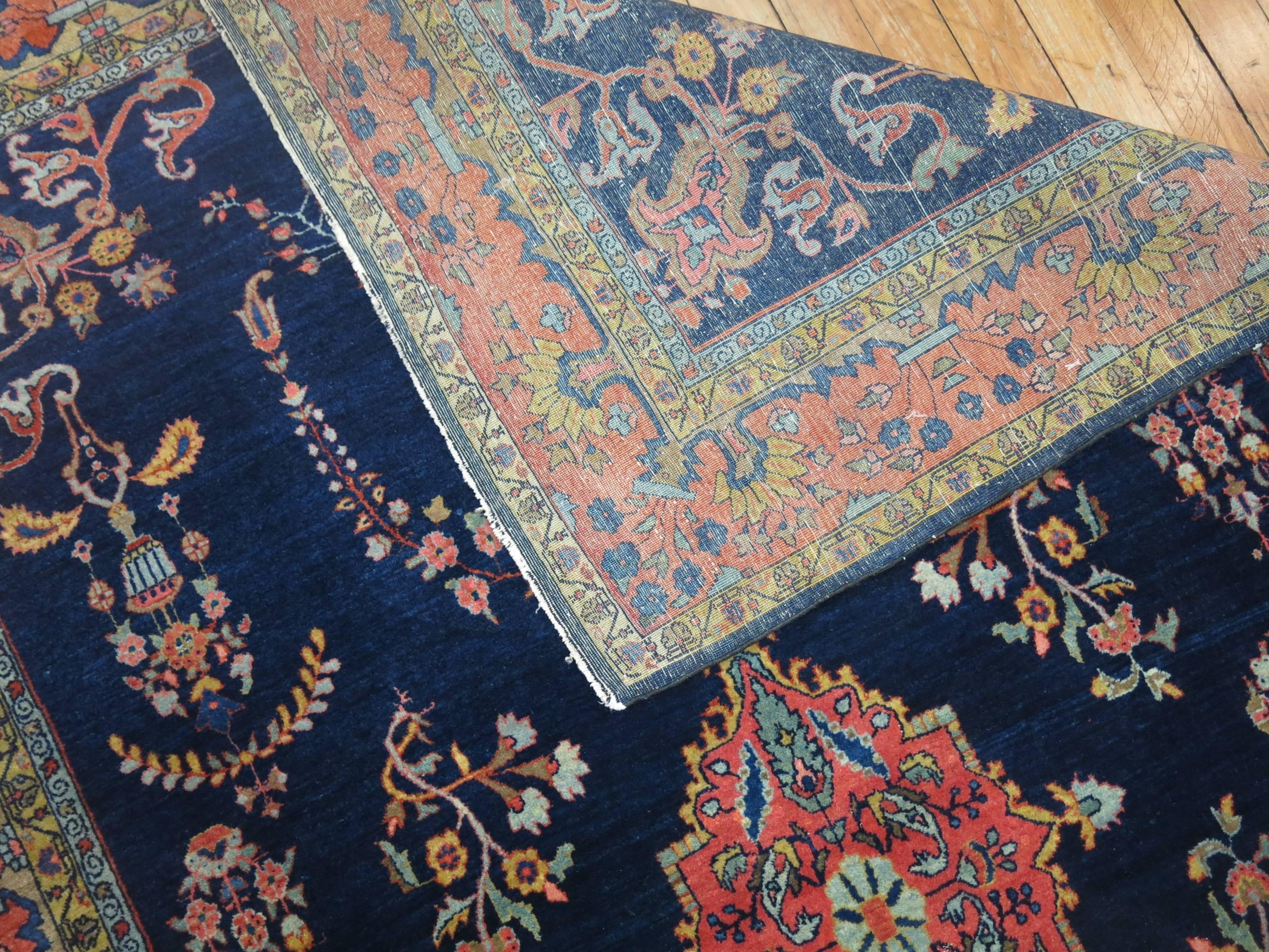 British Colonial Exceptional Blue Antique Mohajeran Persian Sarouk Rug For Sale