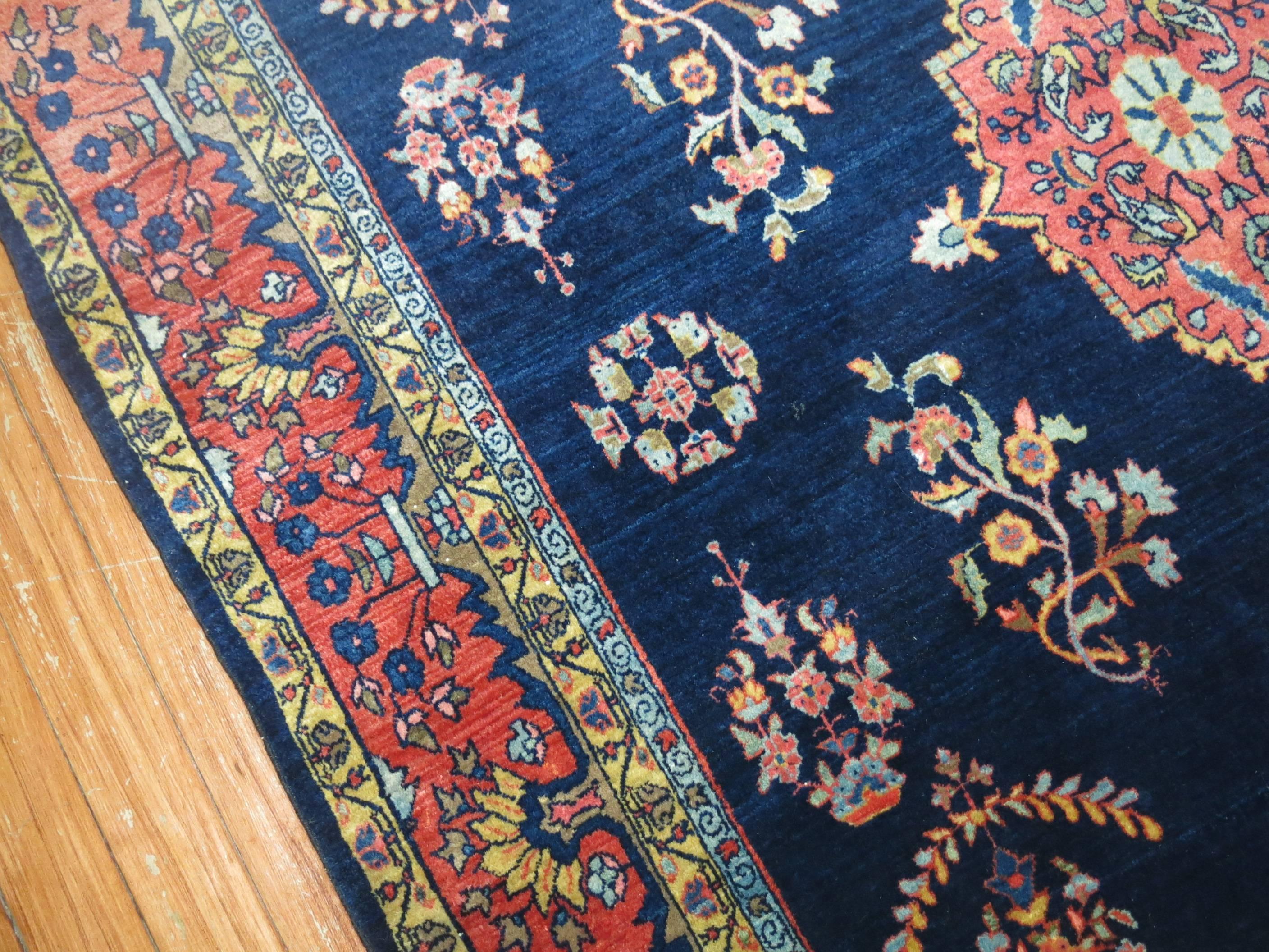 Hand-Woven Exceptional Blue Antique Mohajeran Persian Sarouk Rug For Sale