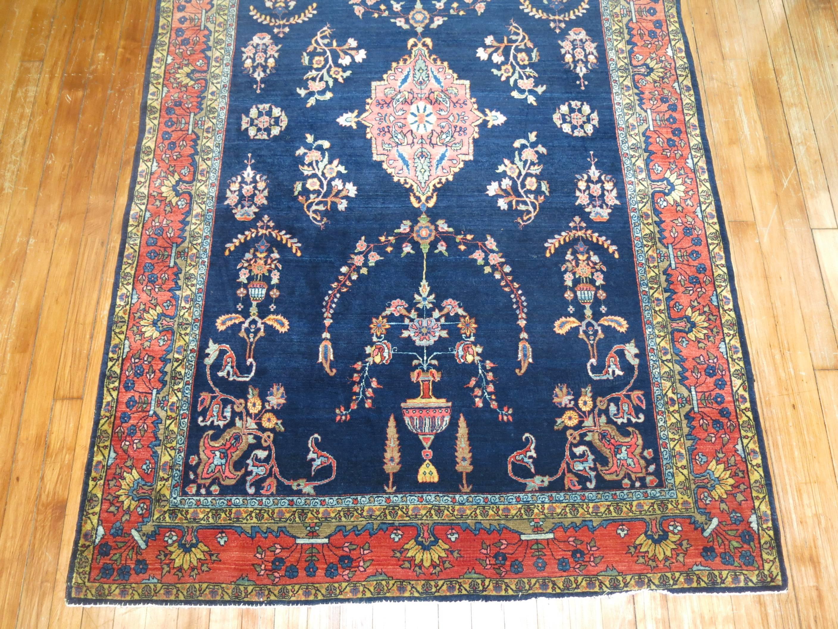 Exceptional Blue Antique Mohajeran Persian Sarouk Rug In Good Condition For Sale In New York, NY