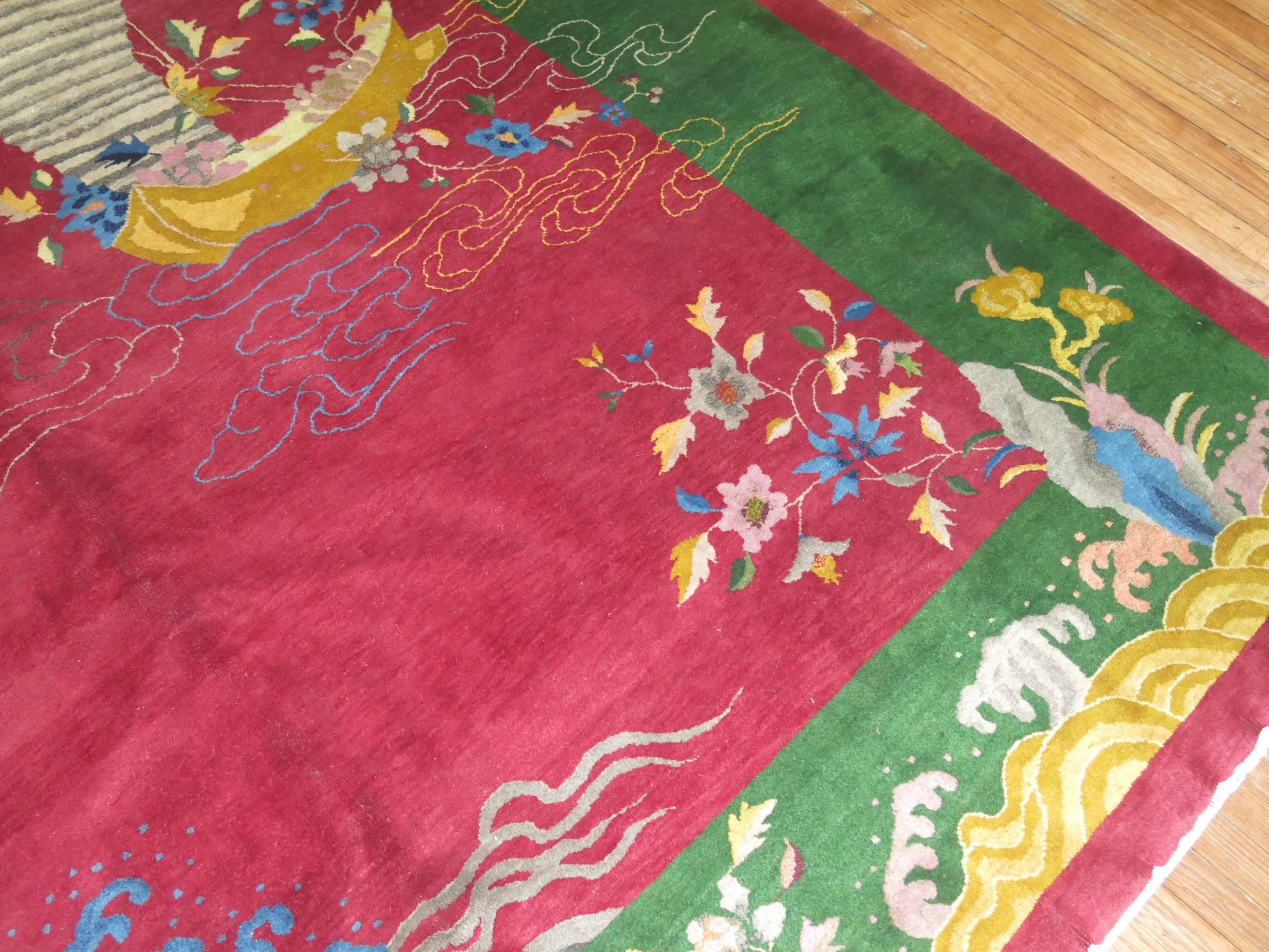 Stunning Chinese Art Deco rug with jewel tone colors. Rug features full pile in excellent condition with no repairs. 

Measures: 9' x 11'7”.