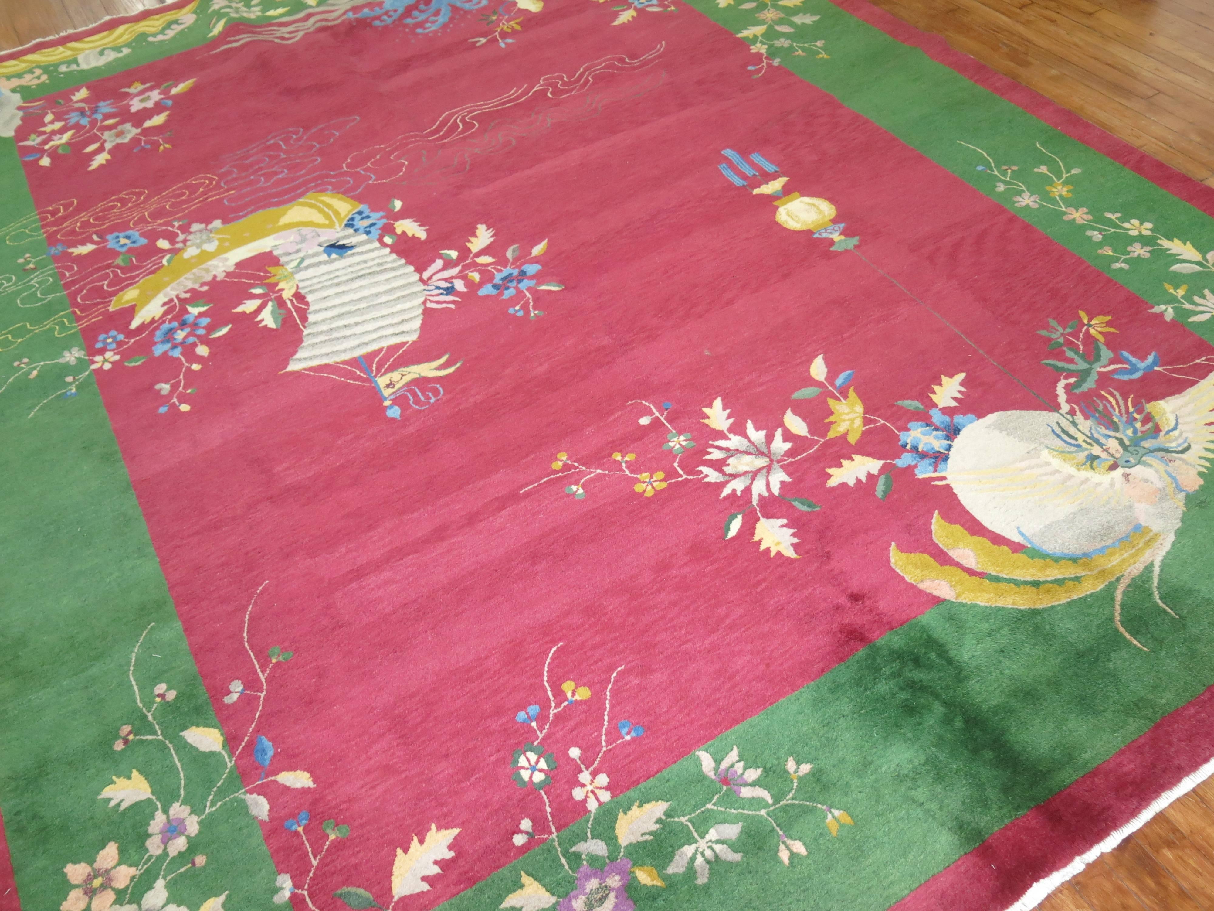 Bohemian Zabihi Collection Room Size Raspberry Ground Antique Chinese Art Deco Rug For Sale