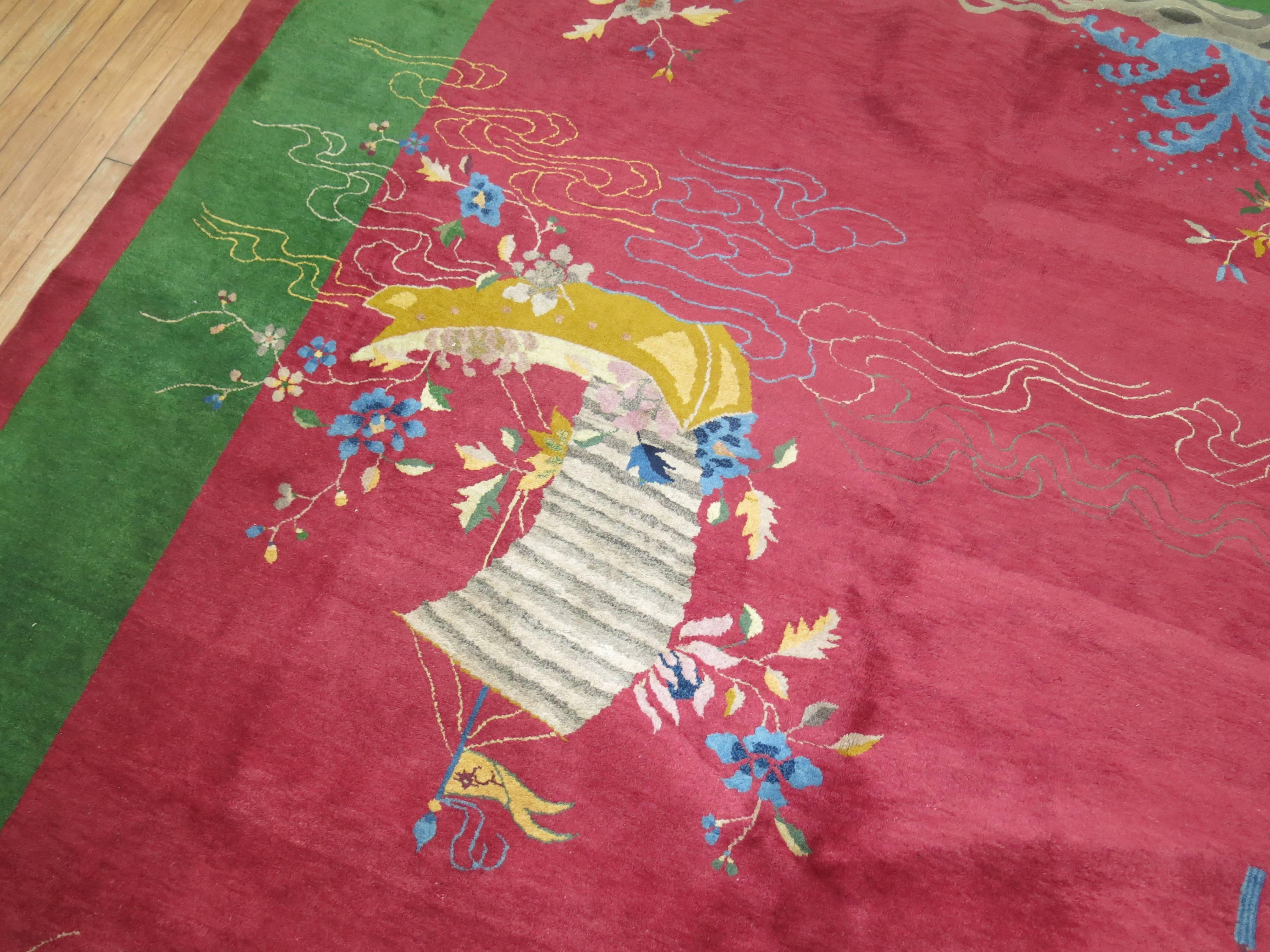 Hand-Woven Room Size Full Pile Raspberry Ground Antique Chinese Art Deco Rug For Sale
