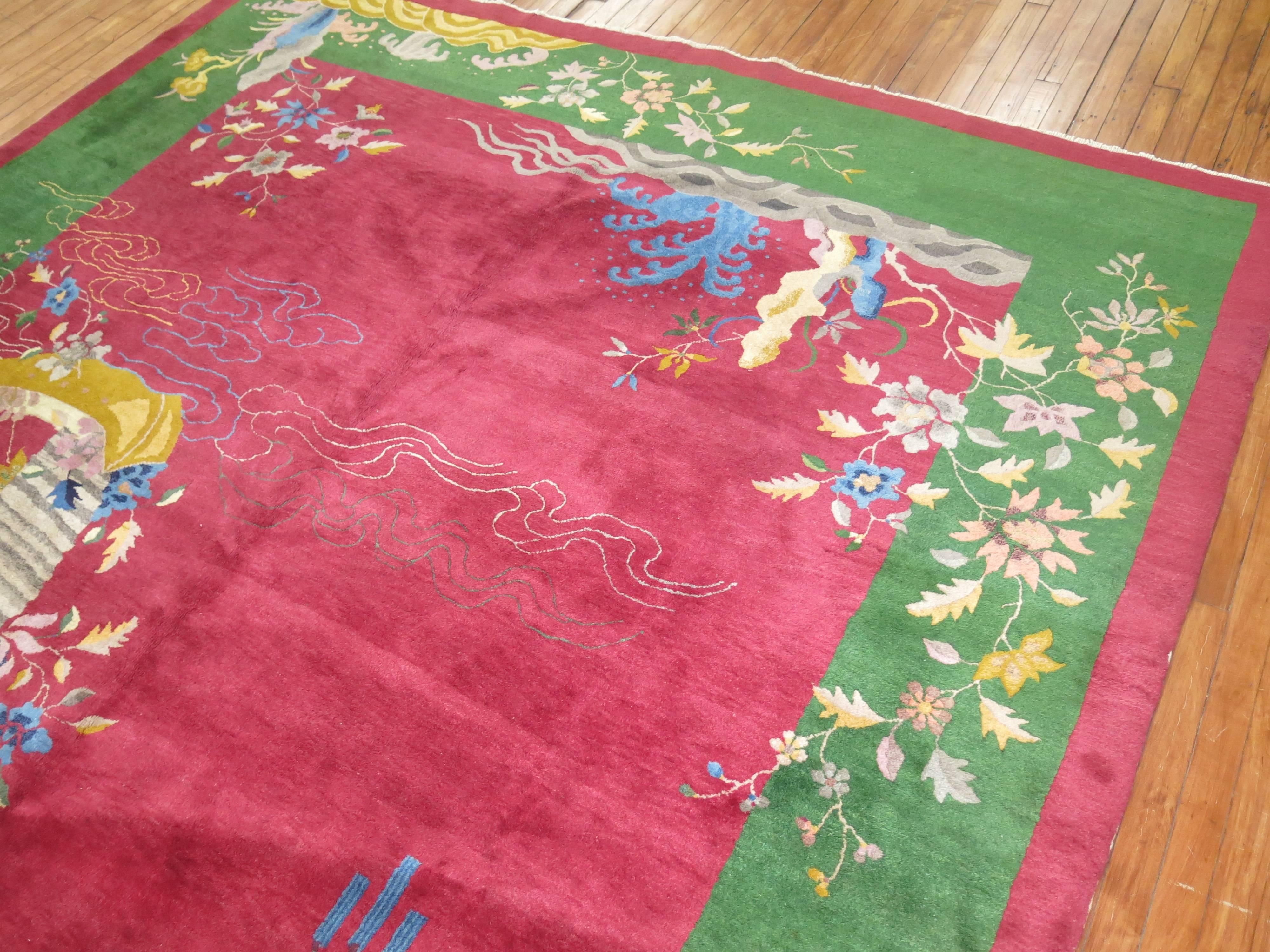 Room Size Full Pile Raspberry Ground Antique Chinese Art Deco Rug In Excellent Condition For Sale In New York, NY