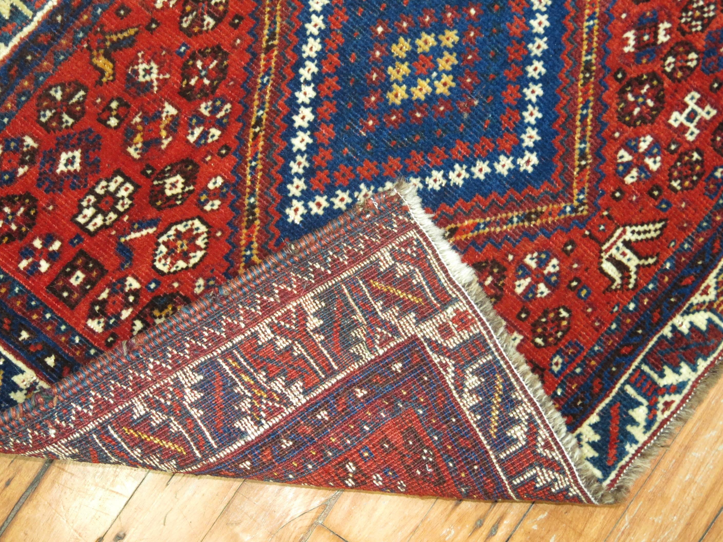 Hand-Knotted Tribal Red Blue Antique Persian Rug Mat