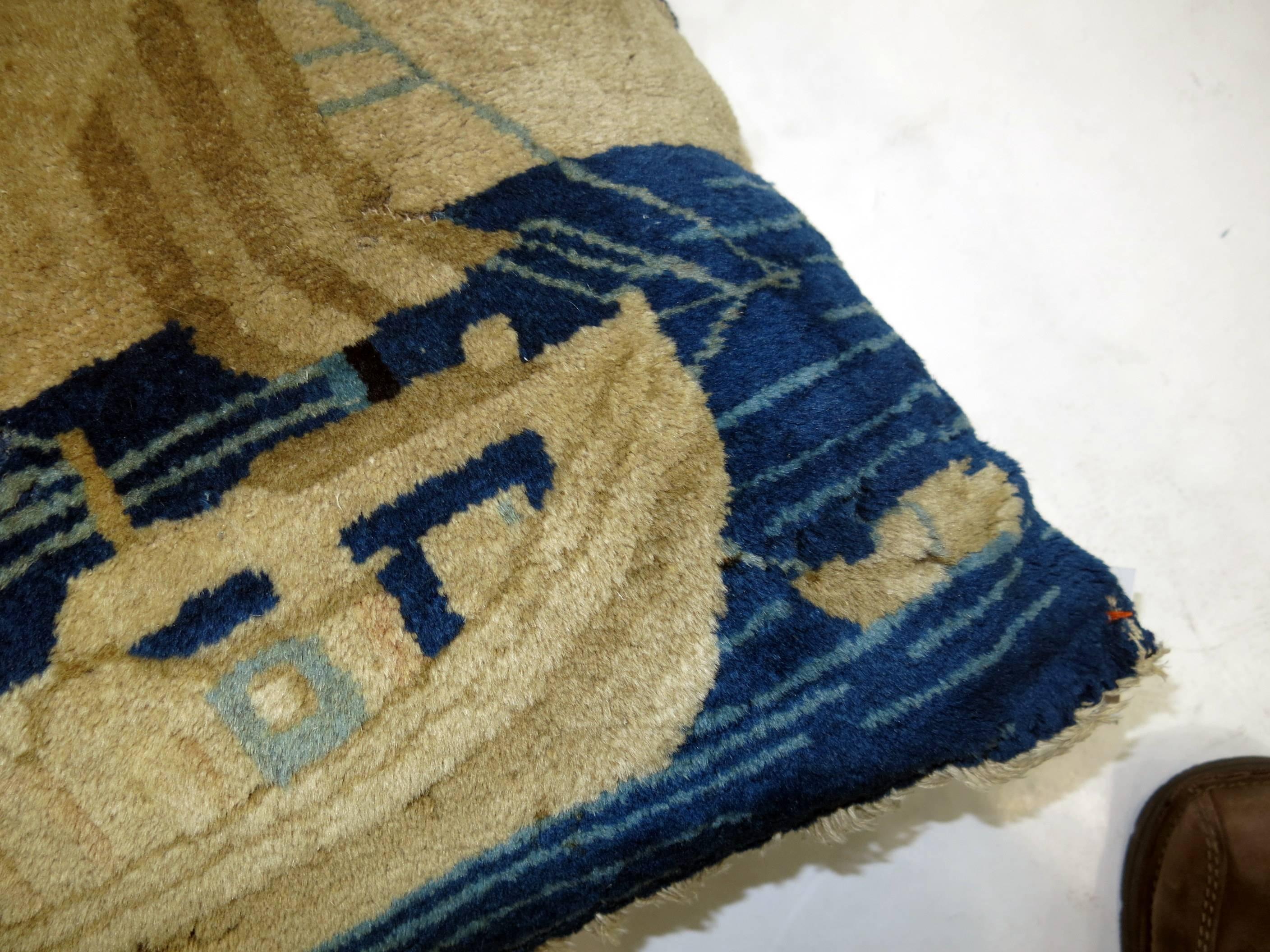 Hand-Knotted Large Square Blue Chinese Pictorial Sailboat Rug Pillow