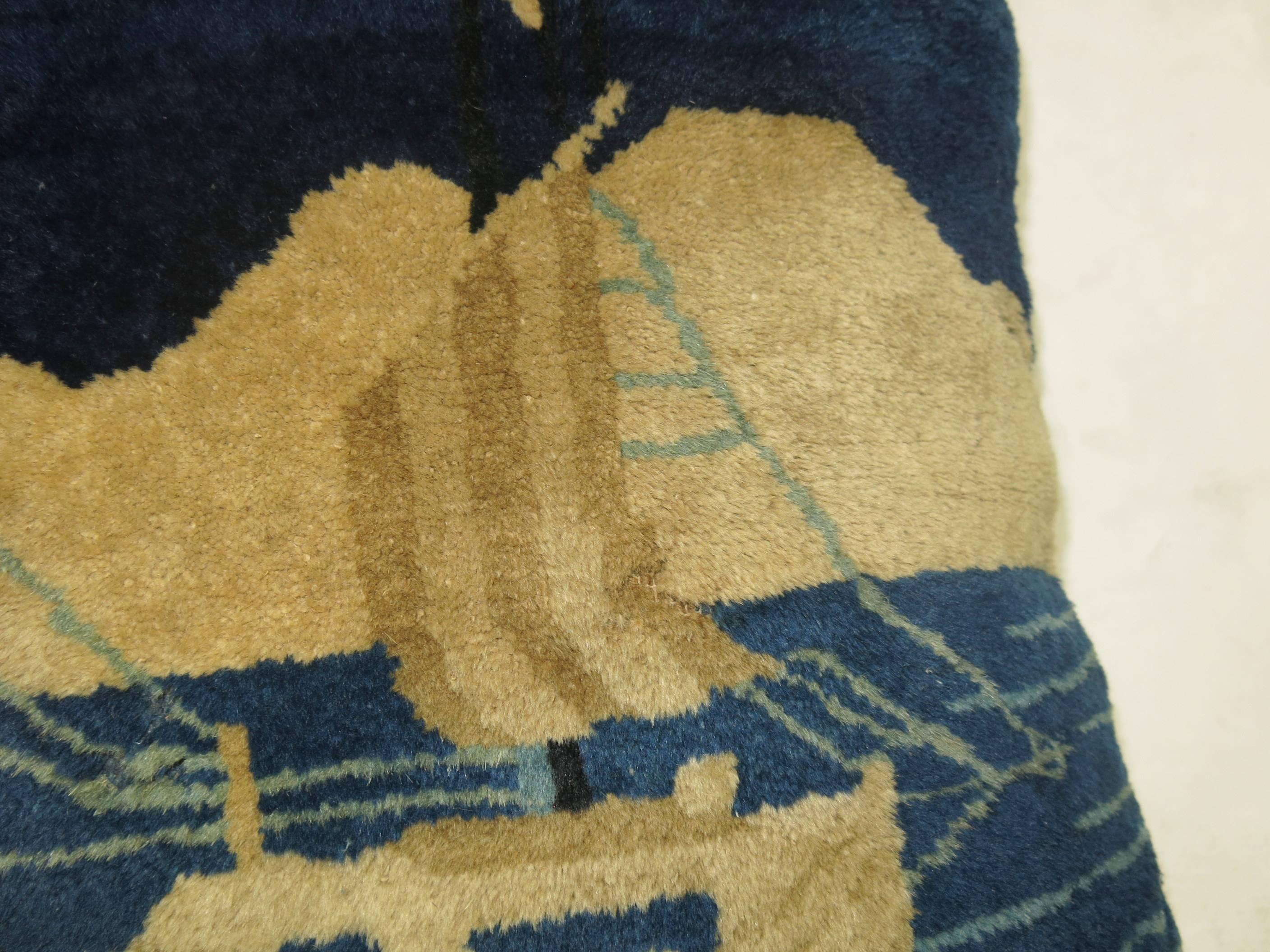 Large Square Blue Chinese Pictorial Sailboat Rug Pillow In Excellent Condition In New York, NY