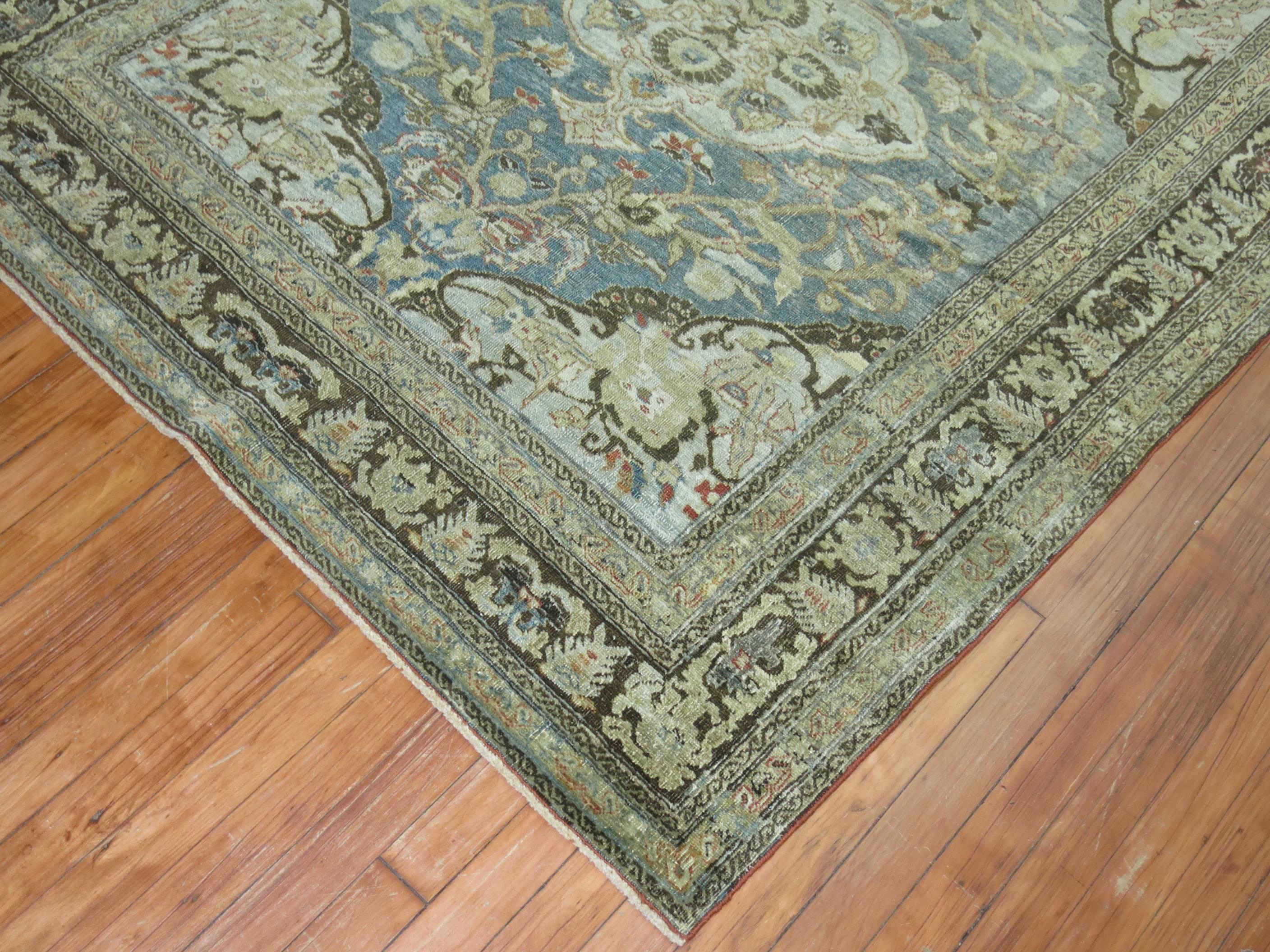 Soft Blue Gray Antique Persian Tabriz Formal Early 20th Century Traditional Rug For Sale 2