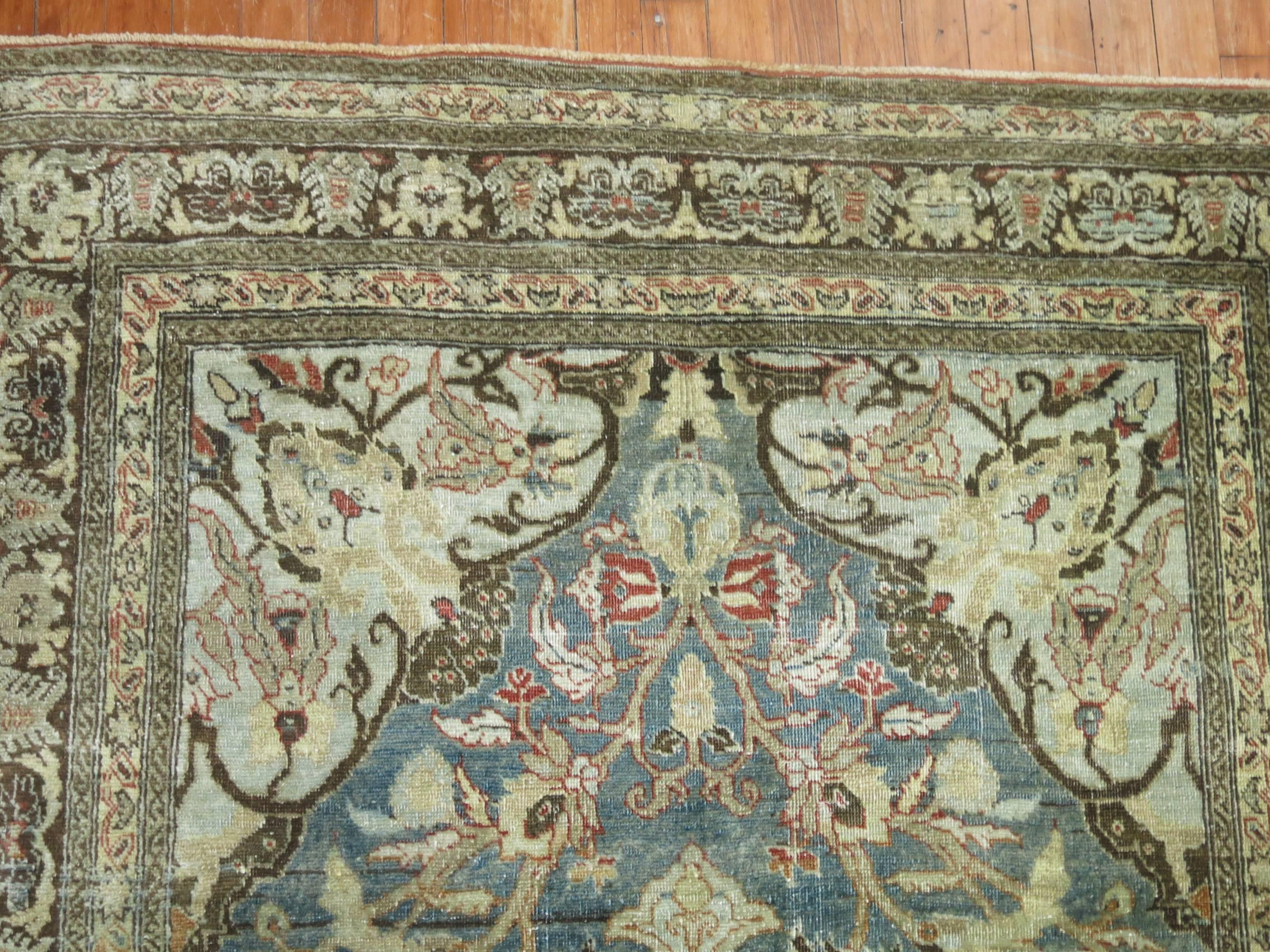 Soft Blue Gray Antique Persian Tabriz Formal Early 20th Century Traditional Rug For Sale 1
