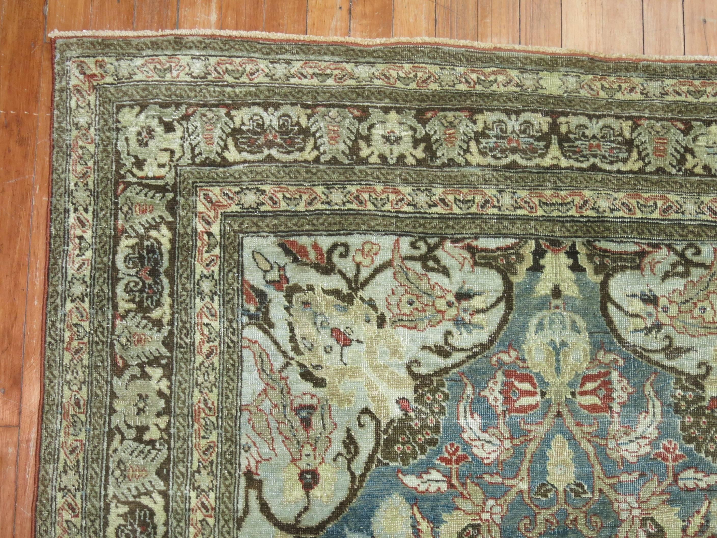 Hand-Woven Soft Blue Gray Antique Persian Tabriz Formal Early 20th Century Traditional Rug For Sale