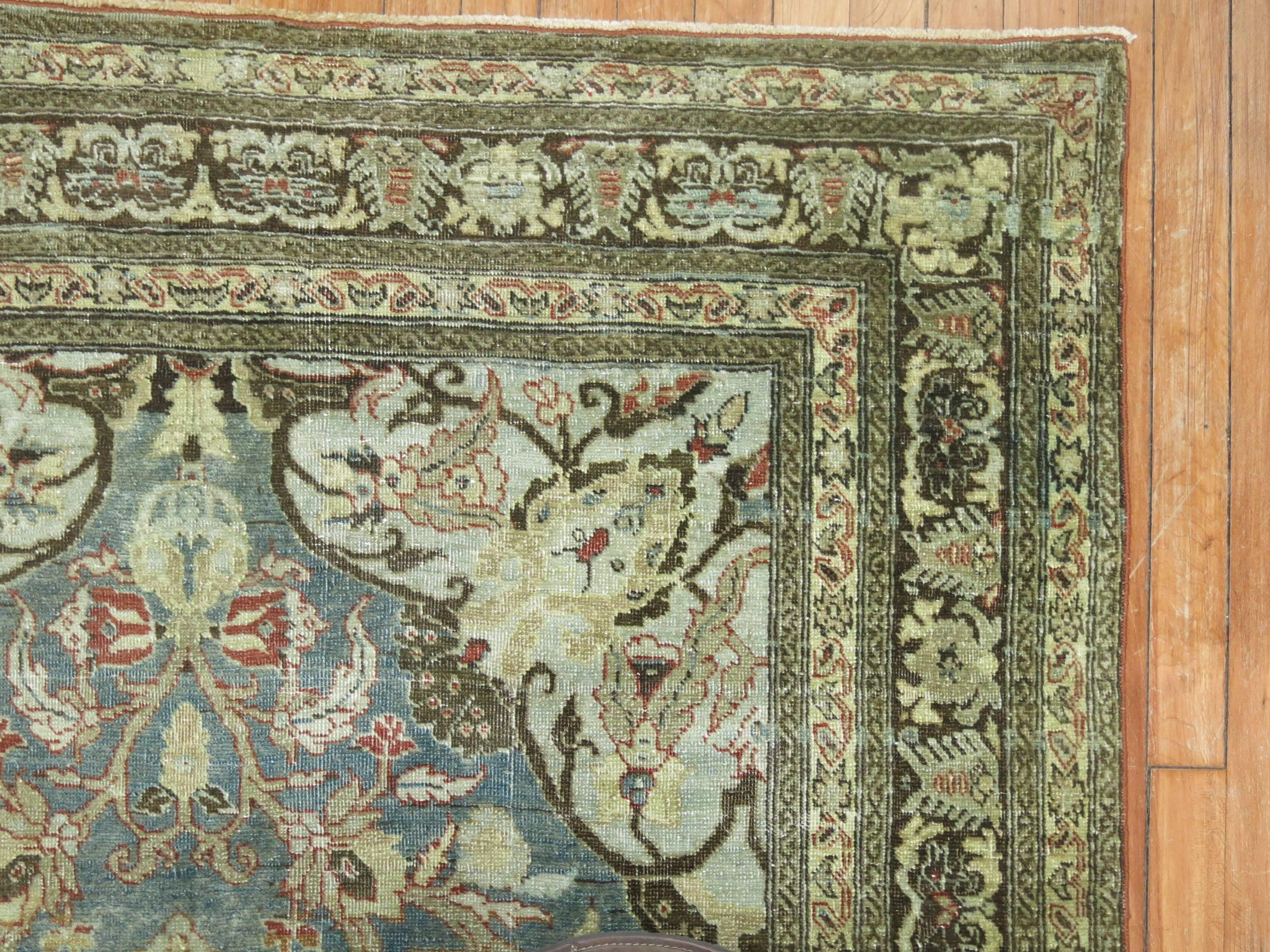 Soft Blue Gray Antique Persian Tabriz Formal Early 20th Century Traditional Rug In Good Condition For Sale In New York, NY