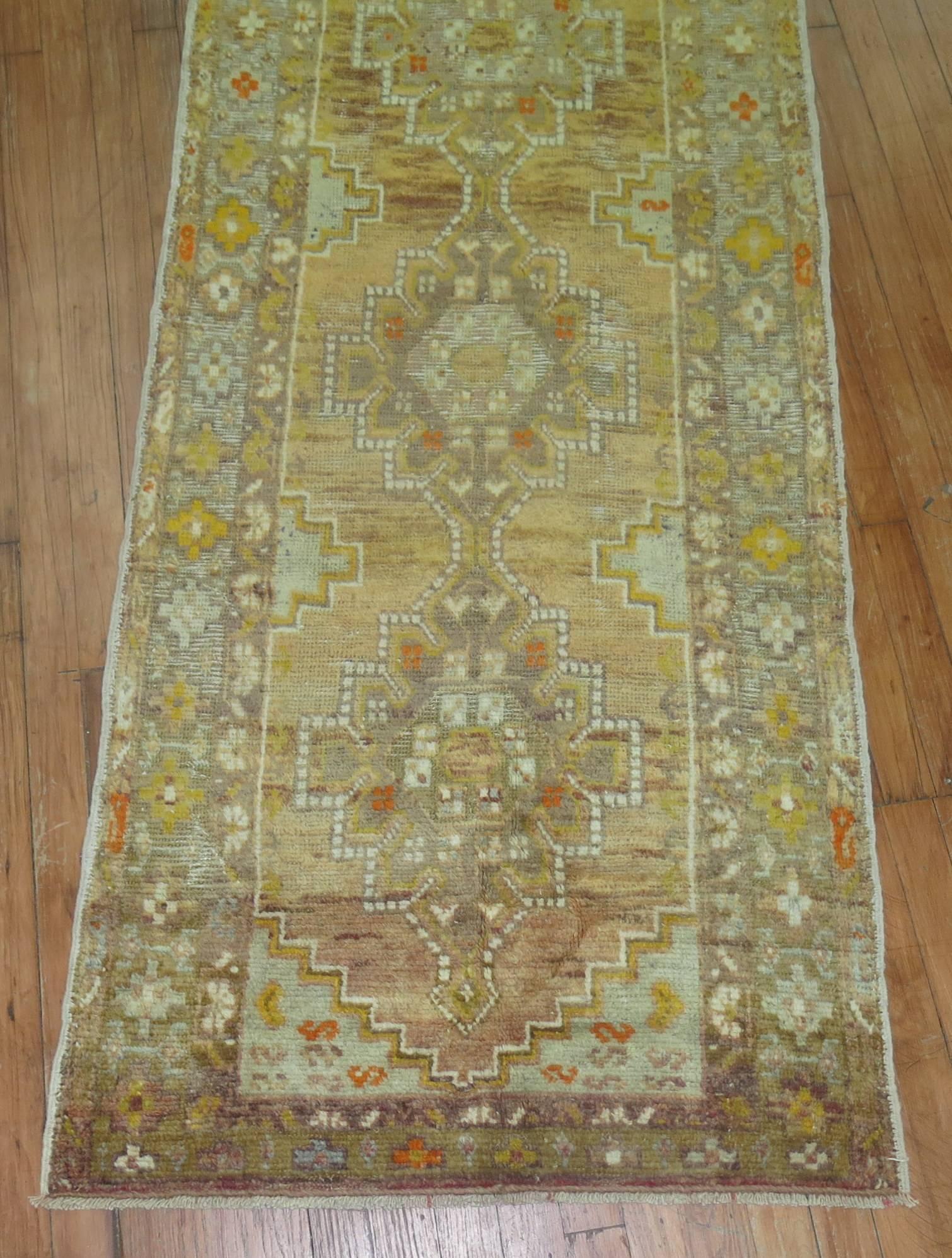 Hand-Knotted 20th Century Neutral Turkish Anatolian Runner For Sale