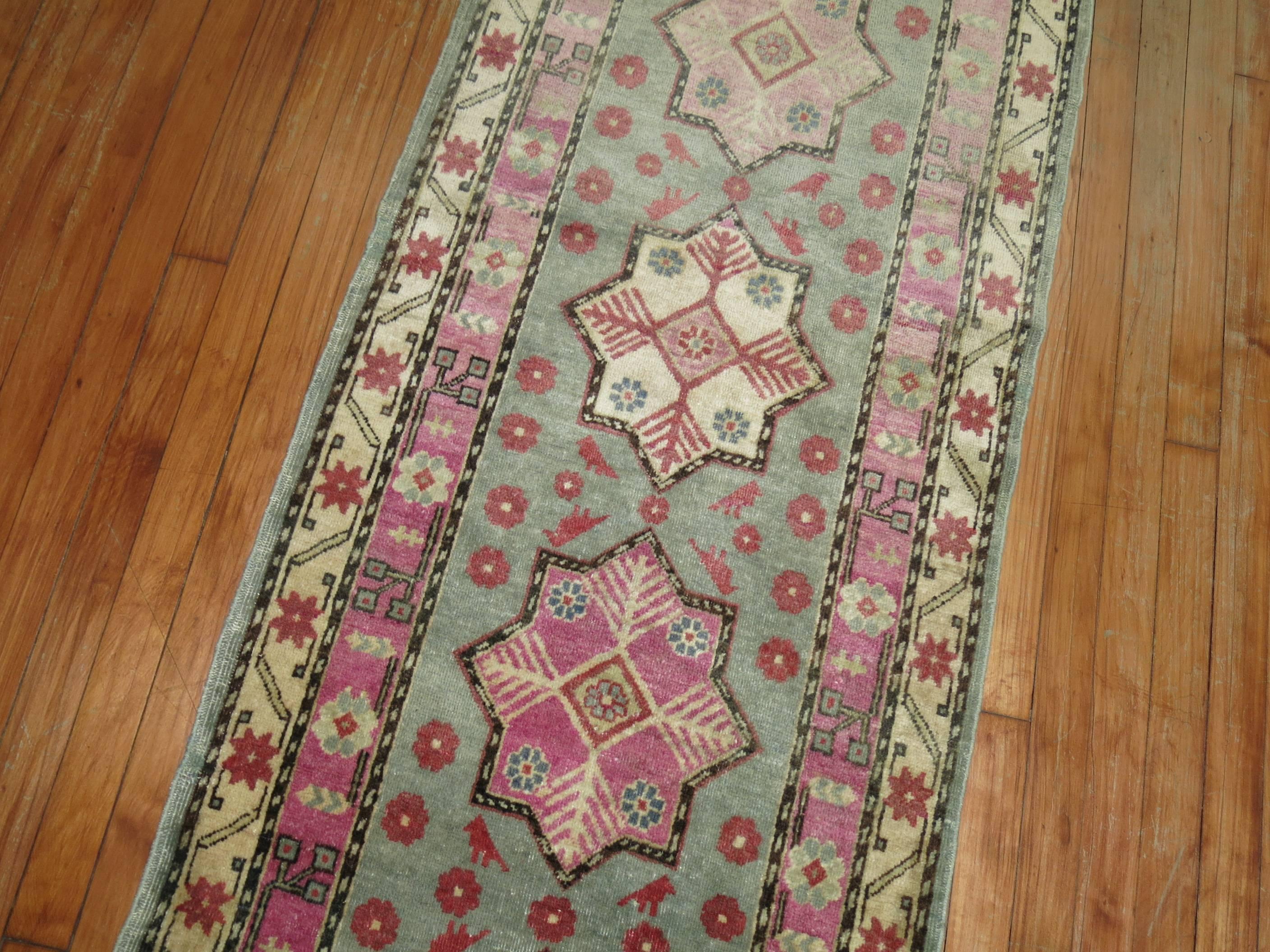 Hand-Woven Vintage Khotan Runner in Pinks and Green