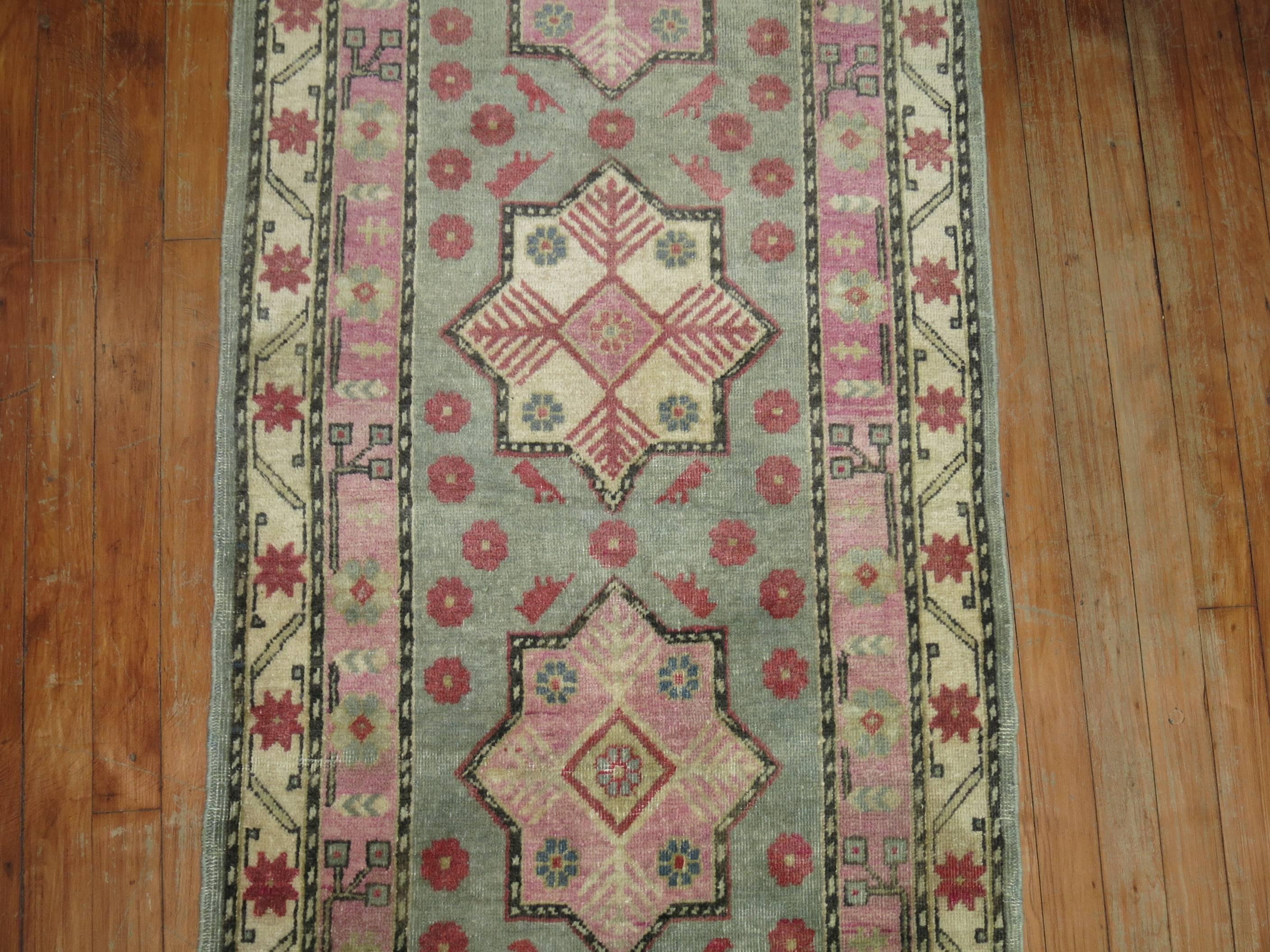Vintage Khotan Runner in Pinks and Green In Excellent Condition In New York, NY