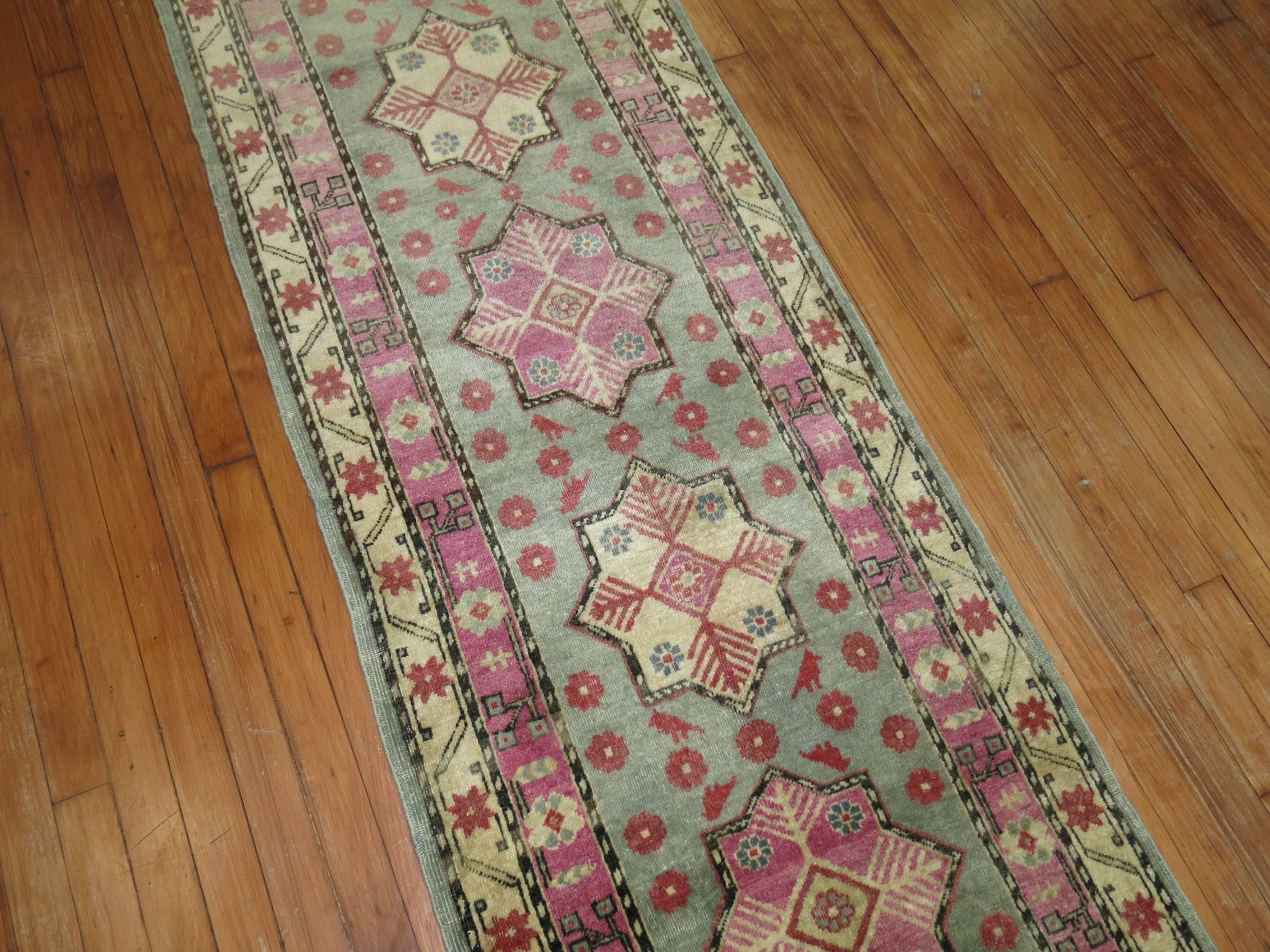 Mid-20th Century Vintage Khotan Runner in Pinks and Green