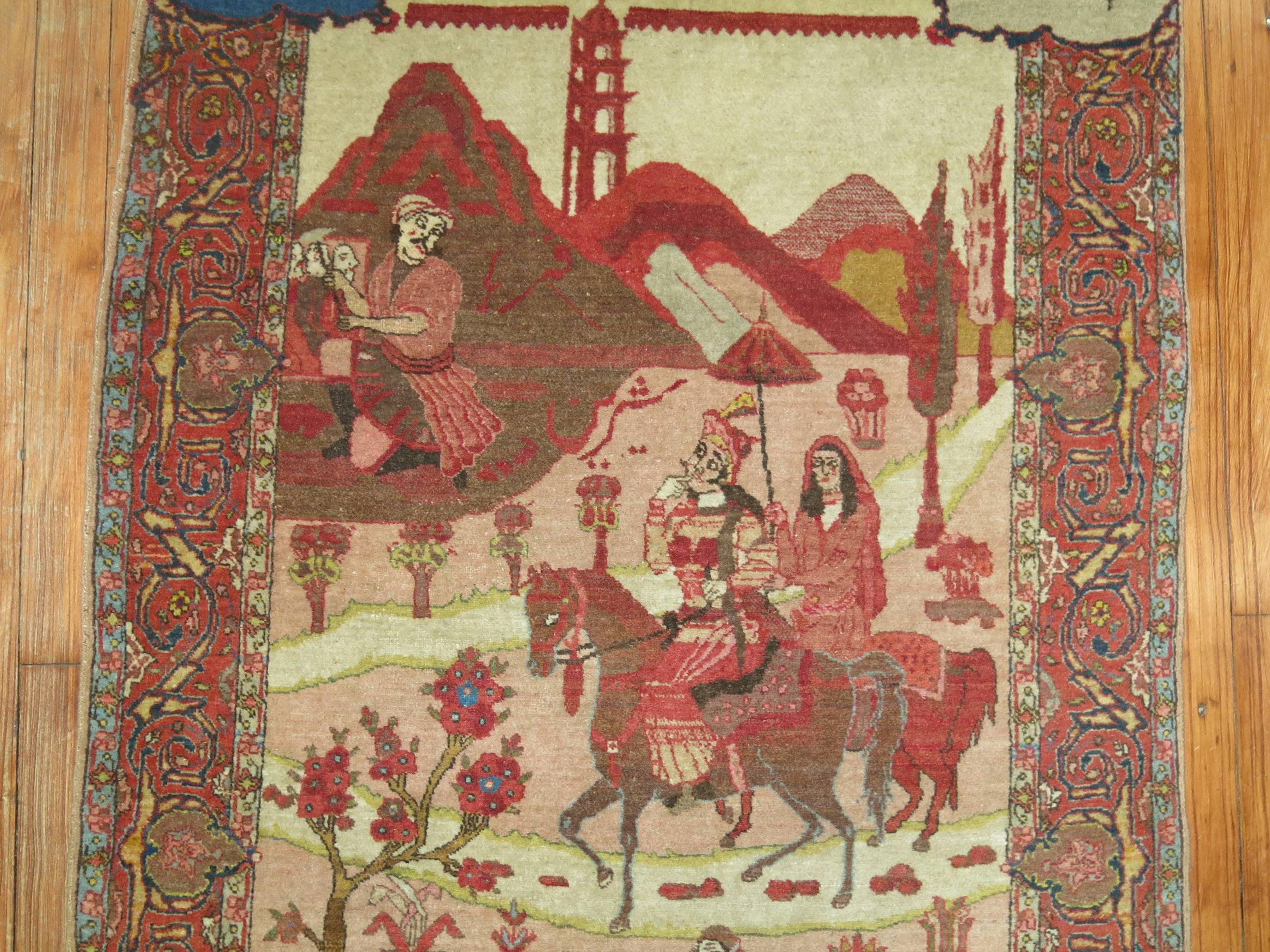20th Century Pictorial Poetic Antique Persian Tabriz Carpet 