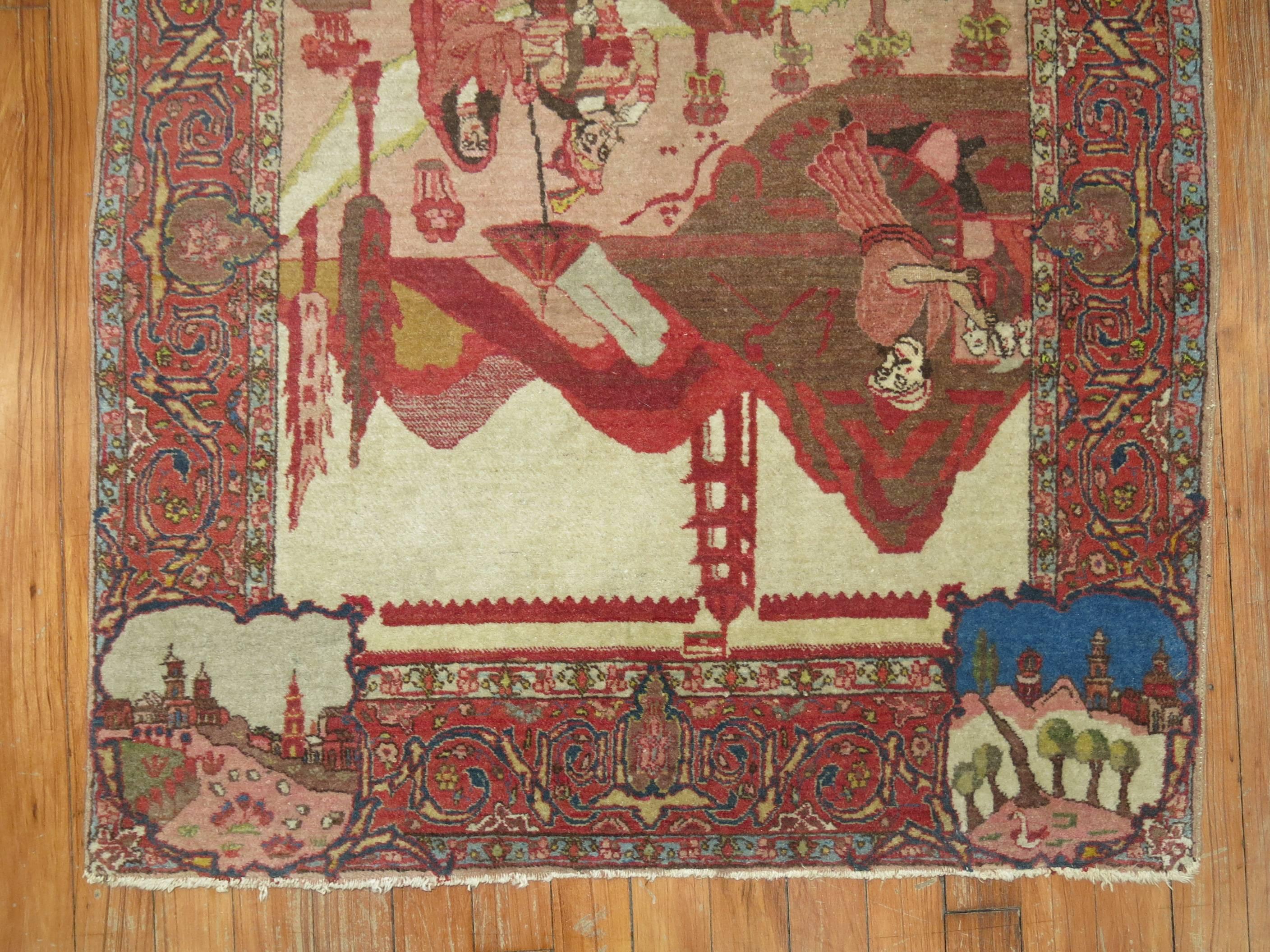 Wool Pictorial Poetic Antique Persian Tabriz Carpet 
