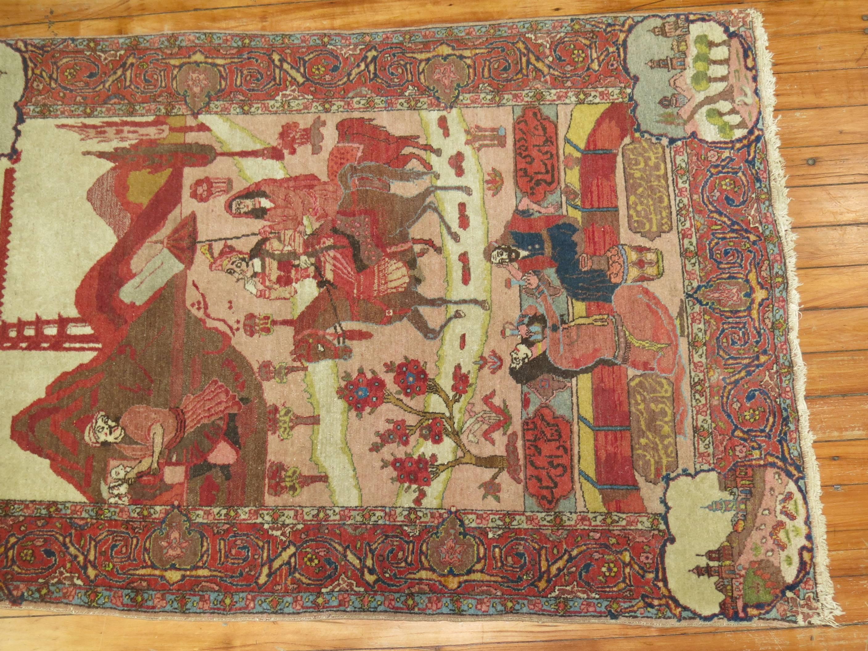 Hand-Woven Pictorial Poetic Antique Persian Tabriz Carpet 