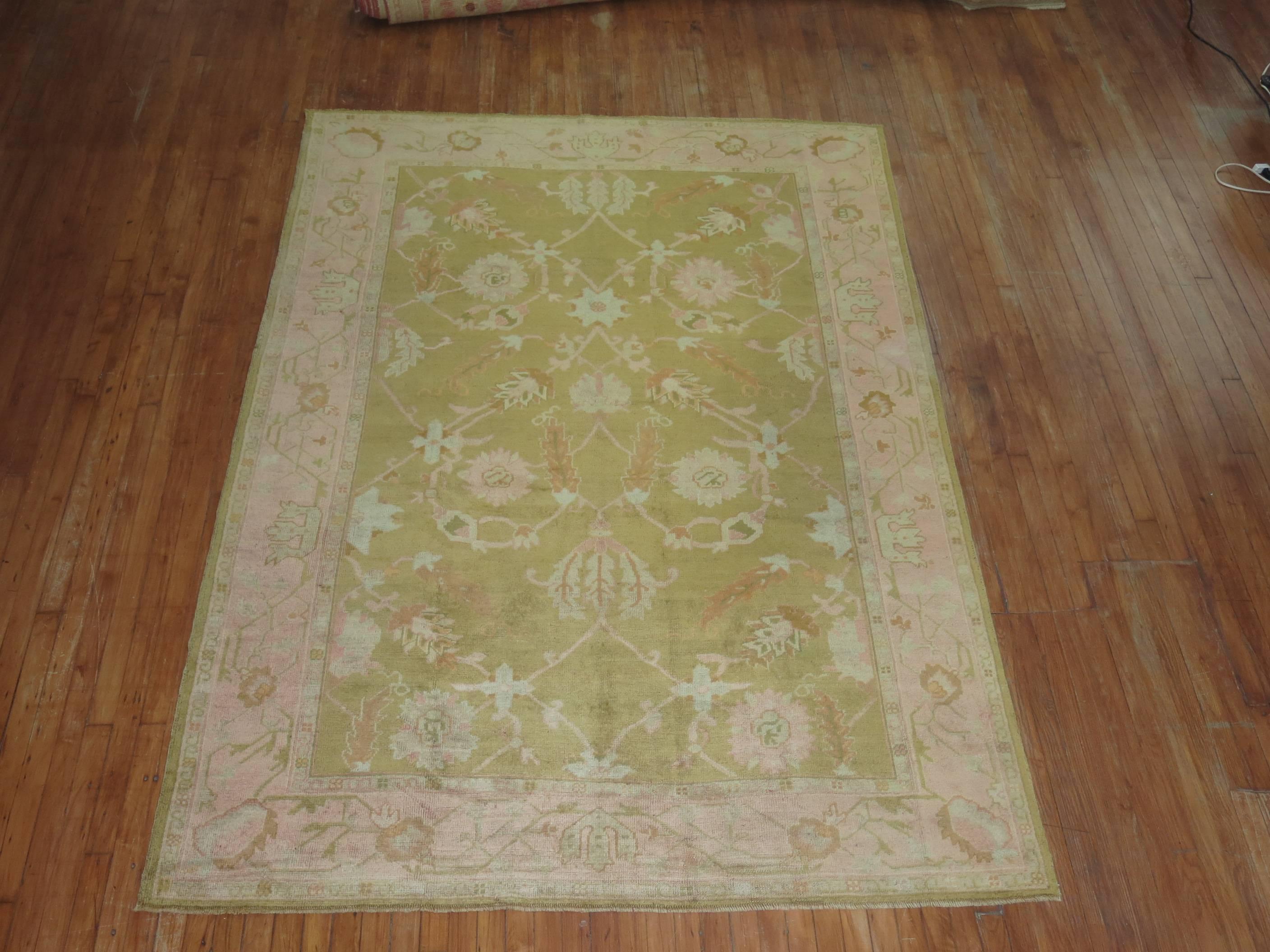 Light Green Antique Oushak 19th Century Rug In Good Condition For Sale In New York, NY