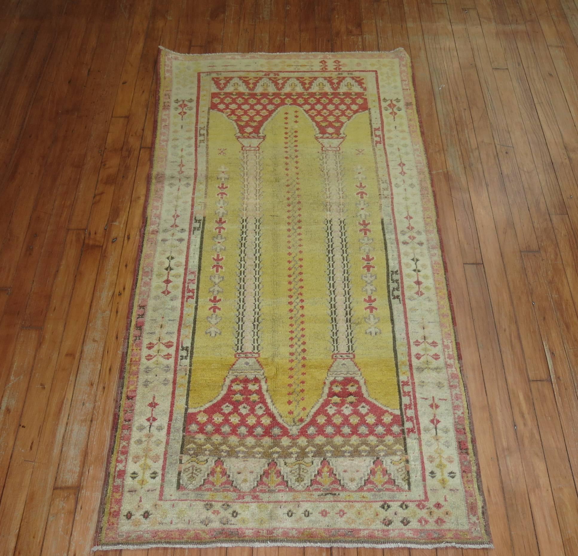 Islamic Early 20th Century Antique Turkish Yellow Prayer Scrolle Niche Rug For Sale