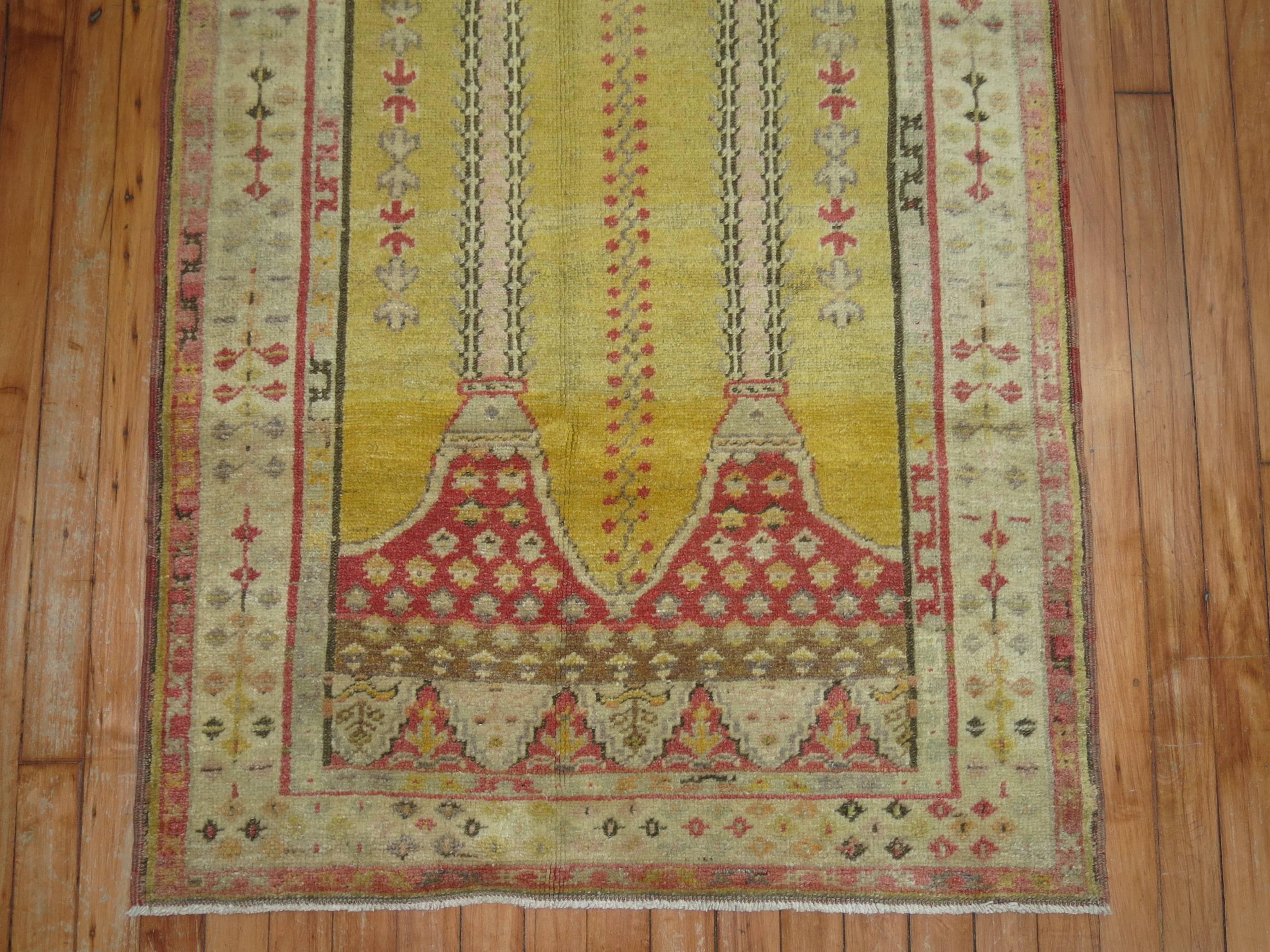 Hand-Woven Early 20th Century Antique Turkish Yellow Prayer Scrolle Niche Rug For Sale