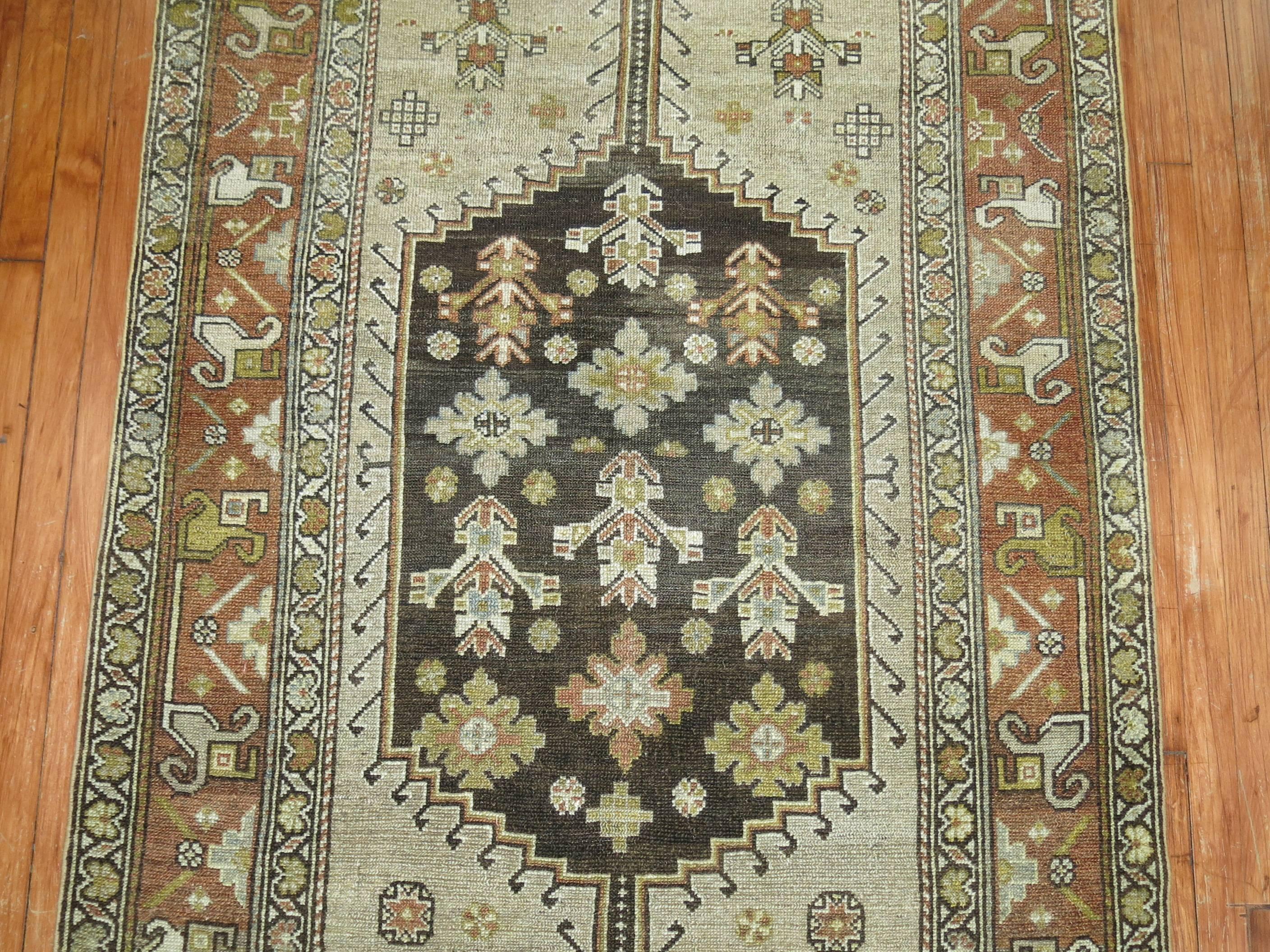 Early 20th Century Slate Charcoal Brown Earth Color Antique Wide Persian Runner