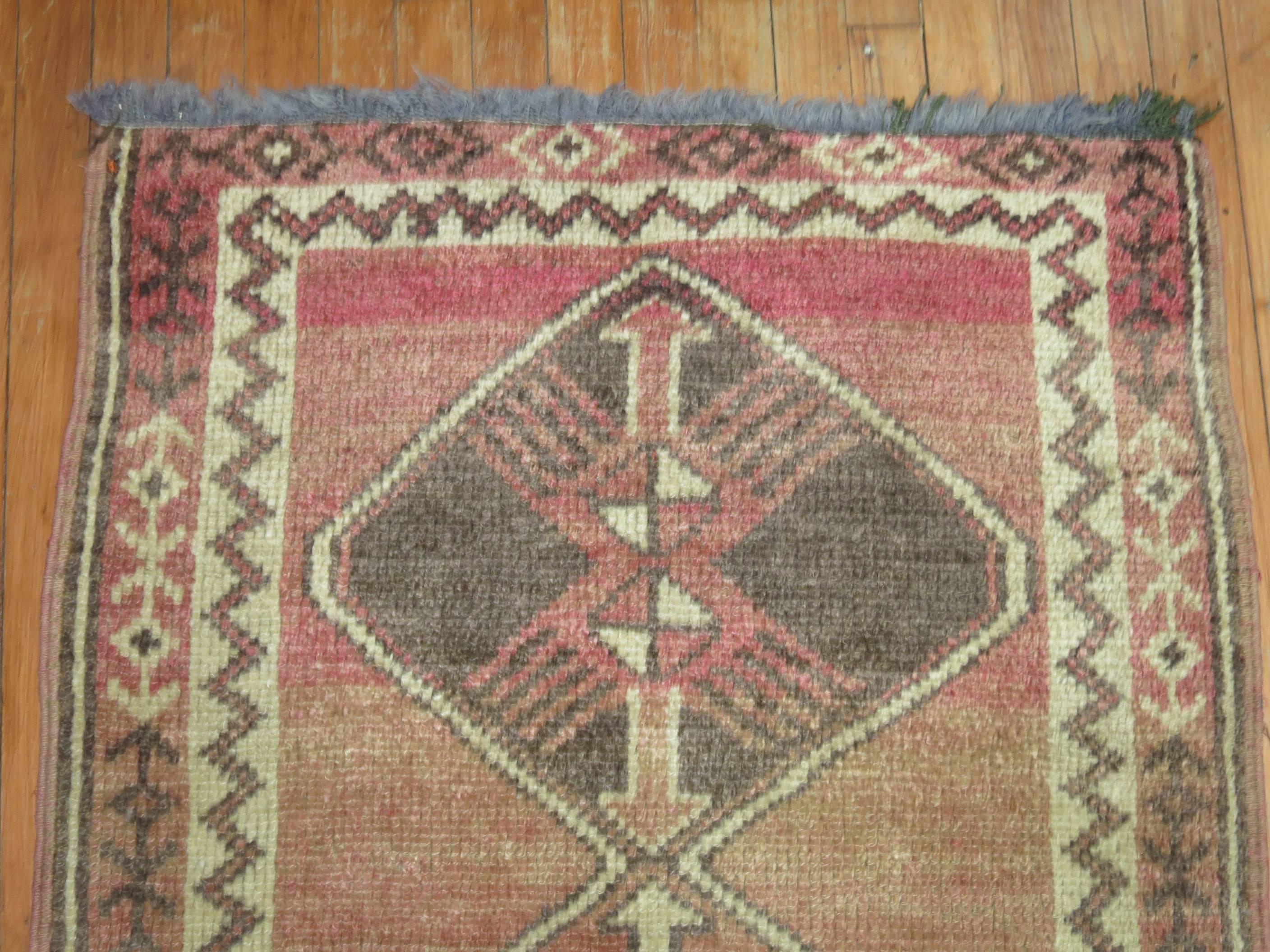 Wool Geometric Turkish Pink Brown Runner For Sale