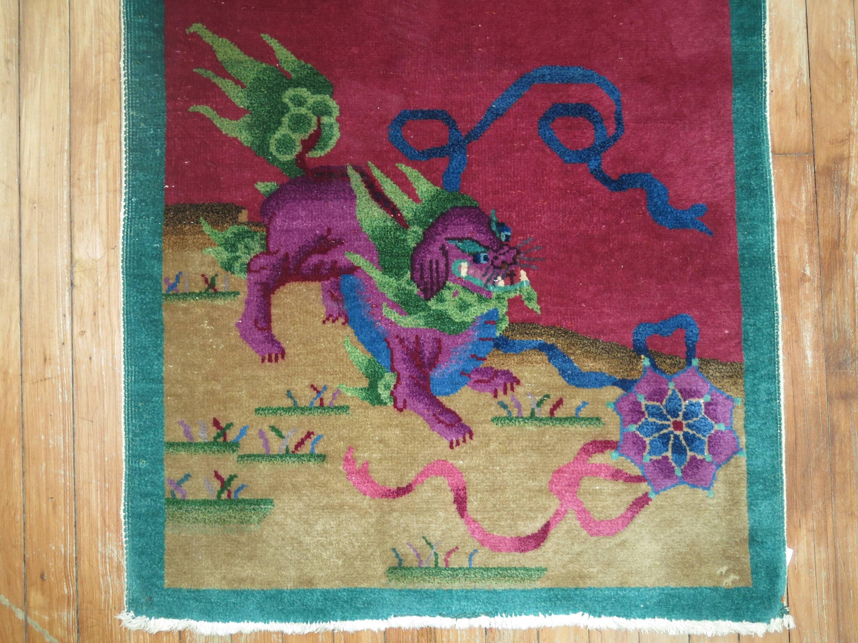 Chinese Art Deco rug featuring a dragon foo dog.