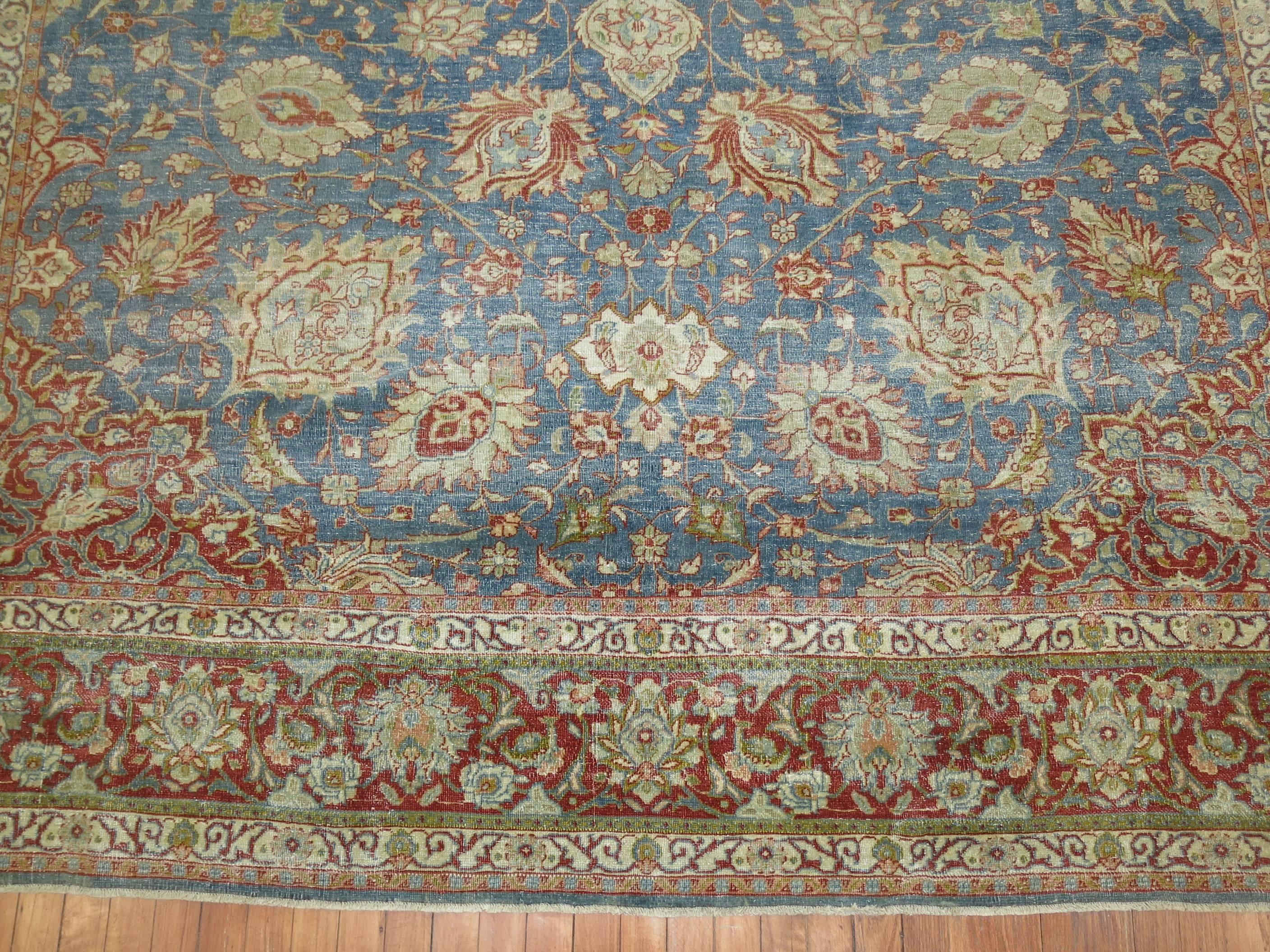 Room size antique Persian Tabriz rug. Blue Field Red Border

8'10'' x 11'5''