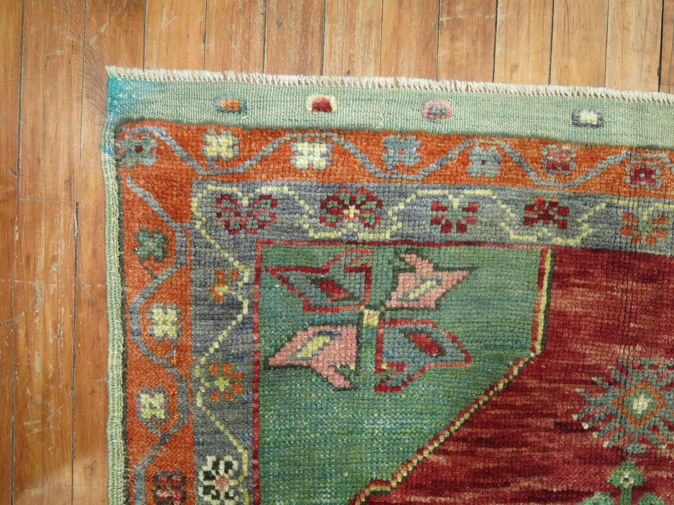 Vintage Turkish Oushak Red Green Rug In Good Condition In New York, NY