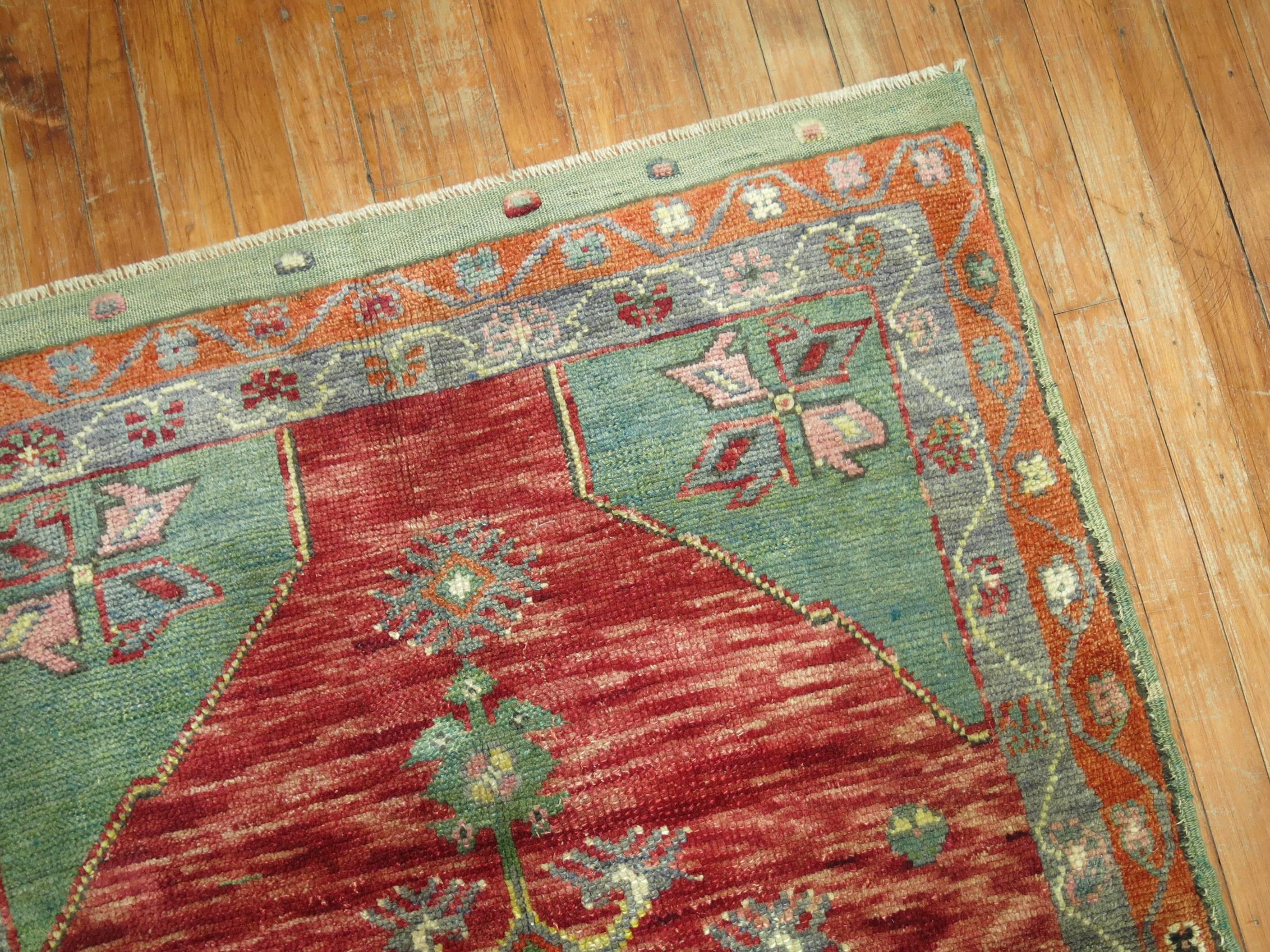 Hand-Woven Vintage Turkish Oushak Red Green Rug