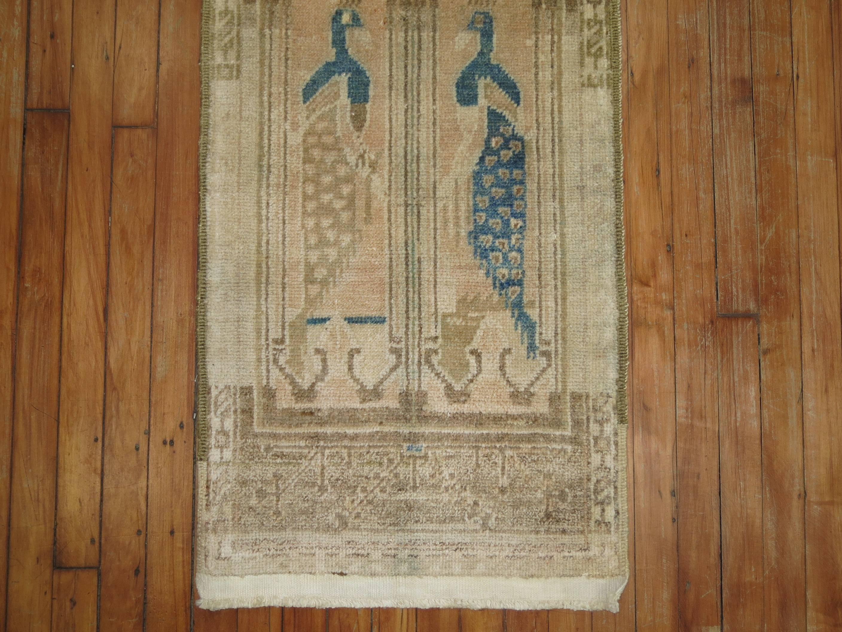 Hand-Knotted Vintage Turkish Rug with Two Pigeons