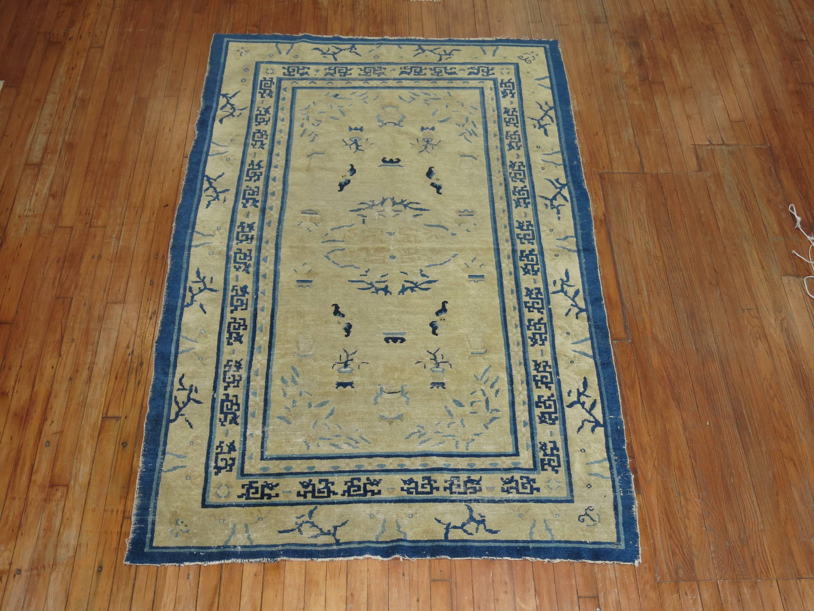 Tan Blue Color Early 20th Chinese Peking Oriental Antique Wool Rug For Sale 3
