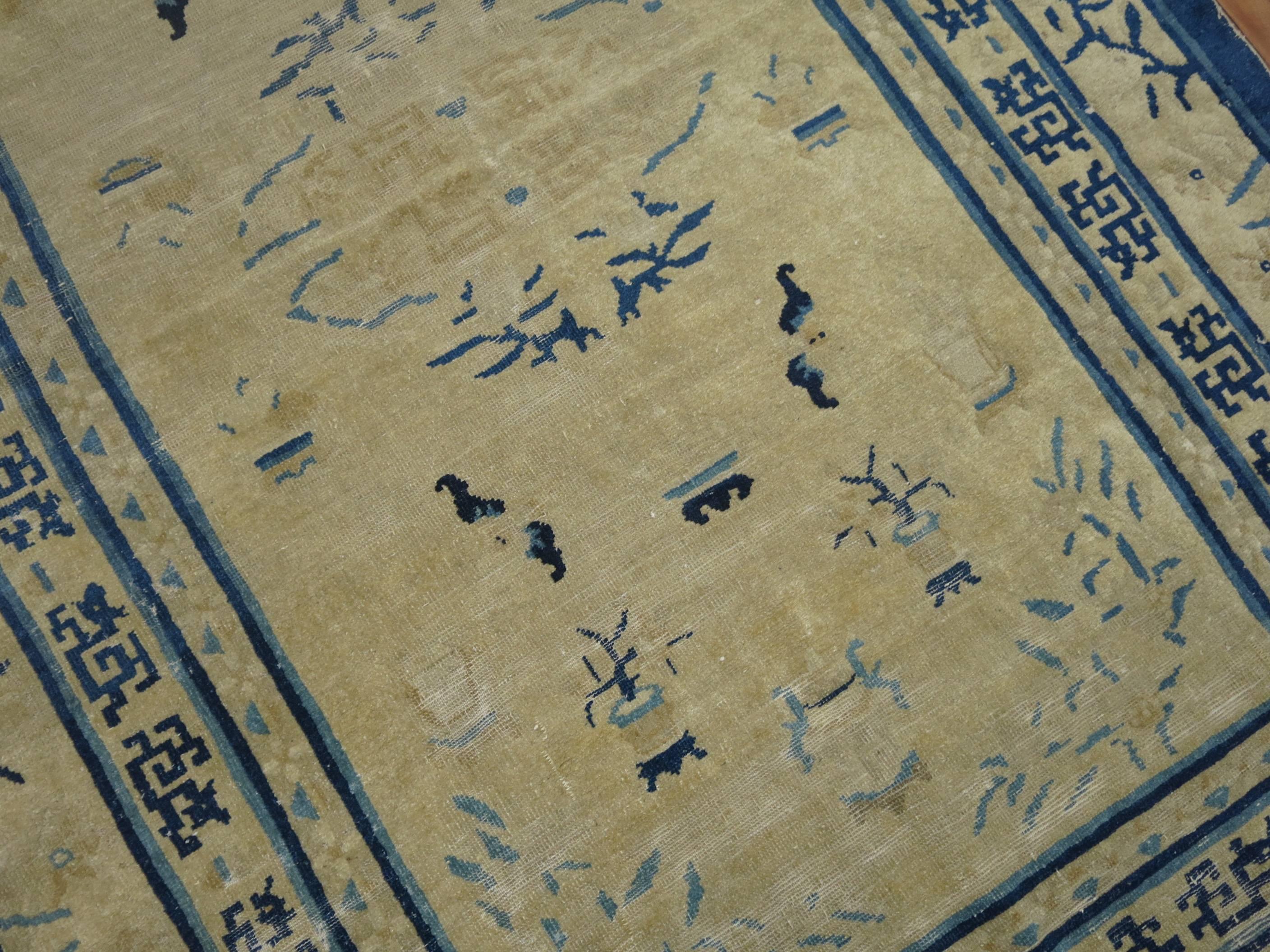 Tan Blue Color Early 20th Chinese Peking Oriental Antique Wool Rug For Sale 1