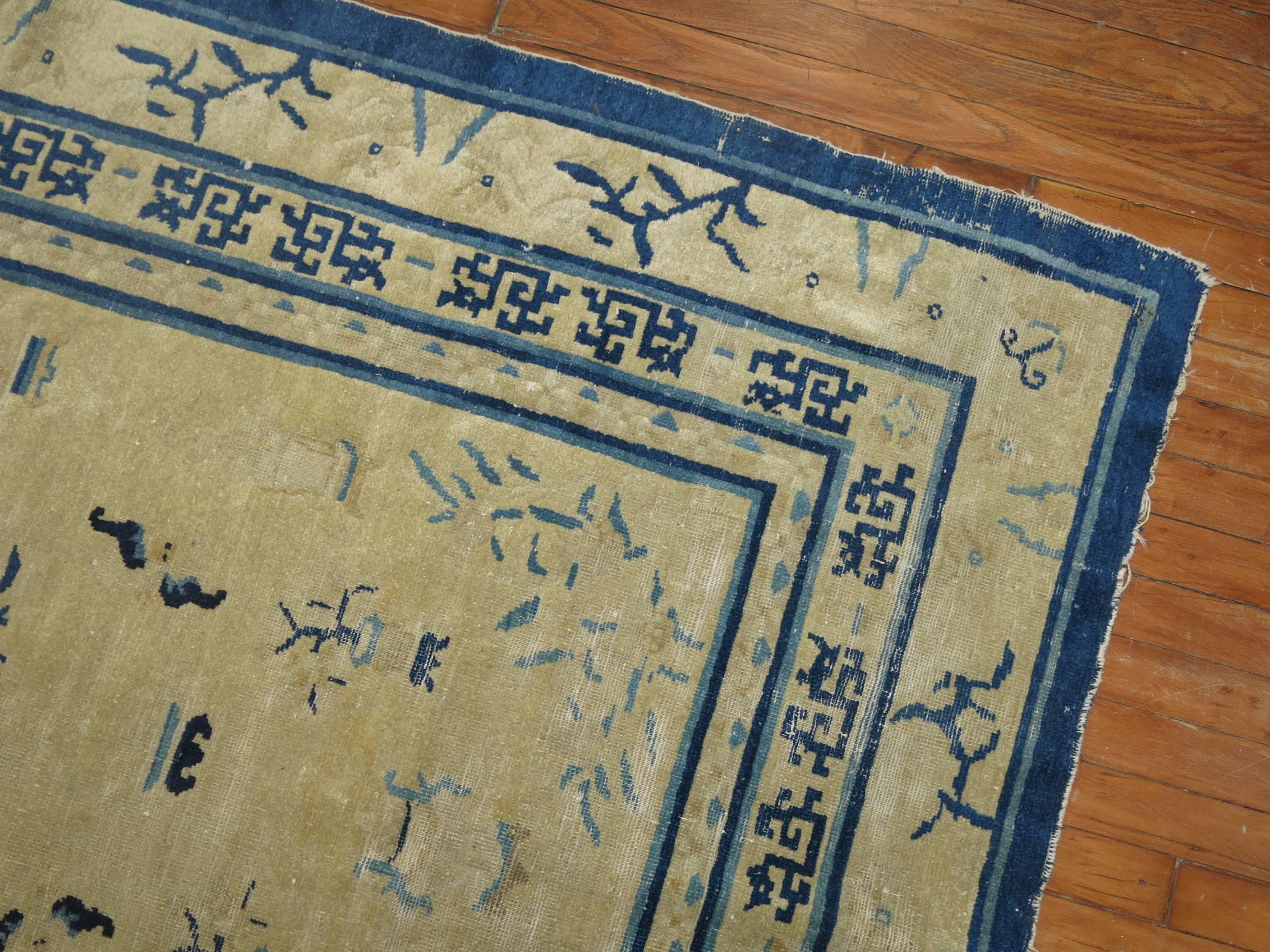 20th Century Tan Blue Color Early 20th Chinese Peking Oriental Antique Wool Rug For Sale