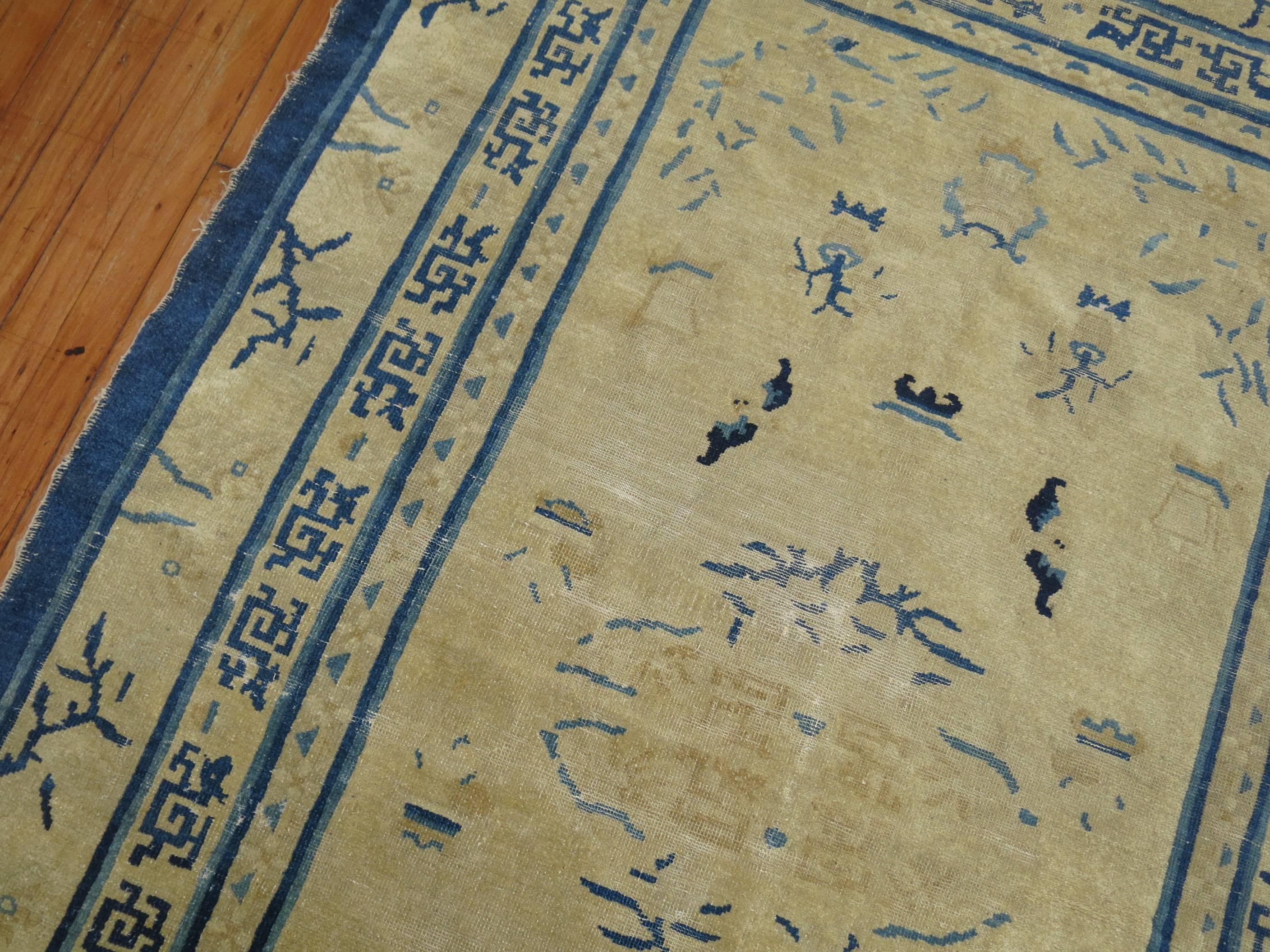 Archaistic Tan Blue Color Early 20th Chinese Peking Oriental Antique Wool Rug For Sale