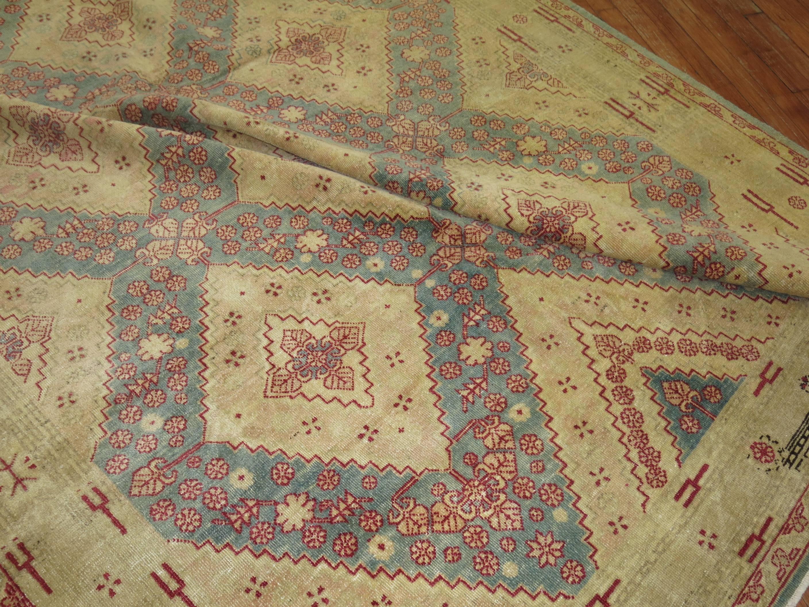 Hand-Knotted Geometric Antique Khotan Rug For Sale