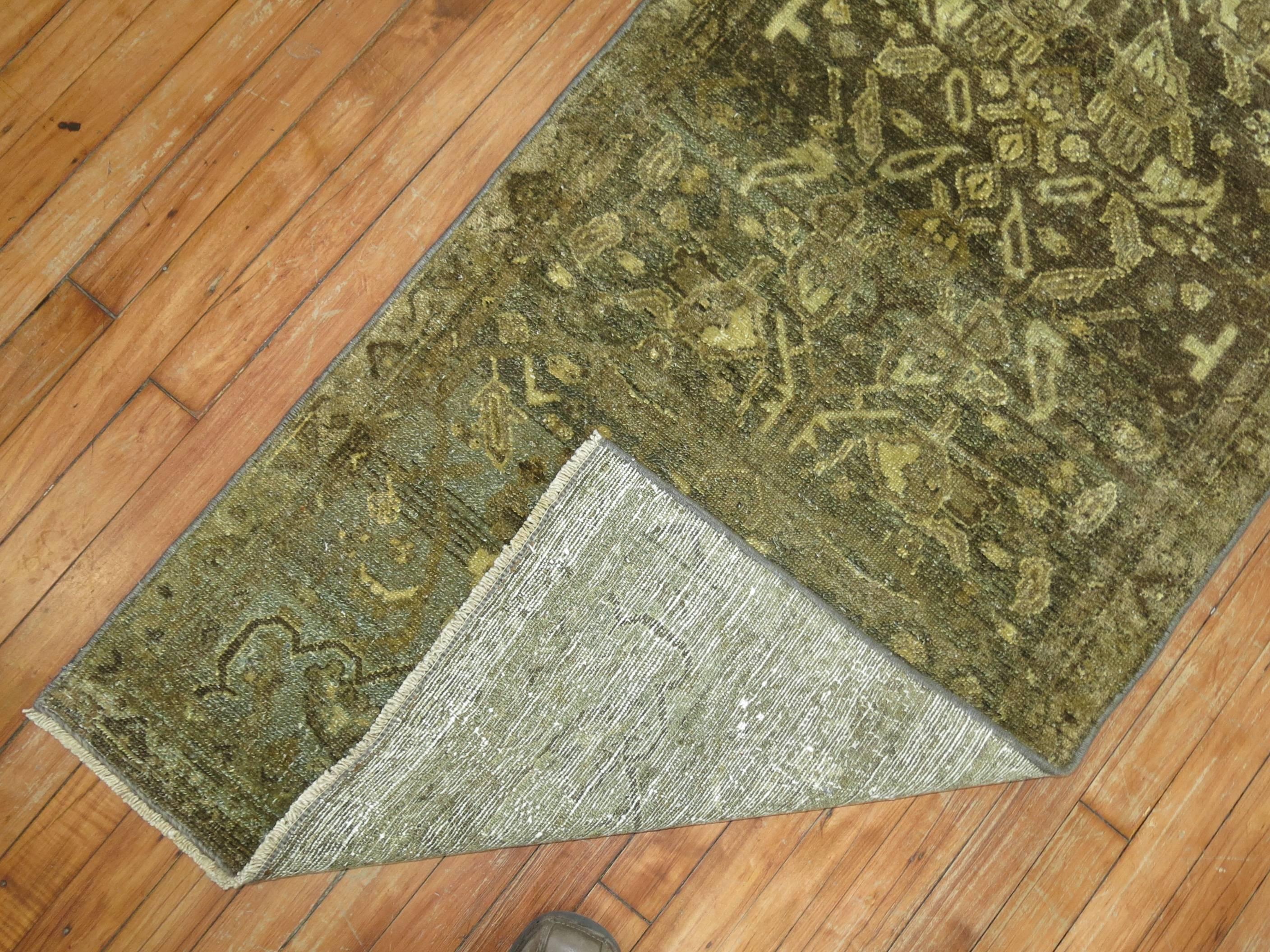 Tabriz Army Olive Deep Green Brown Persian Malayer Runner For Sale