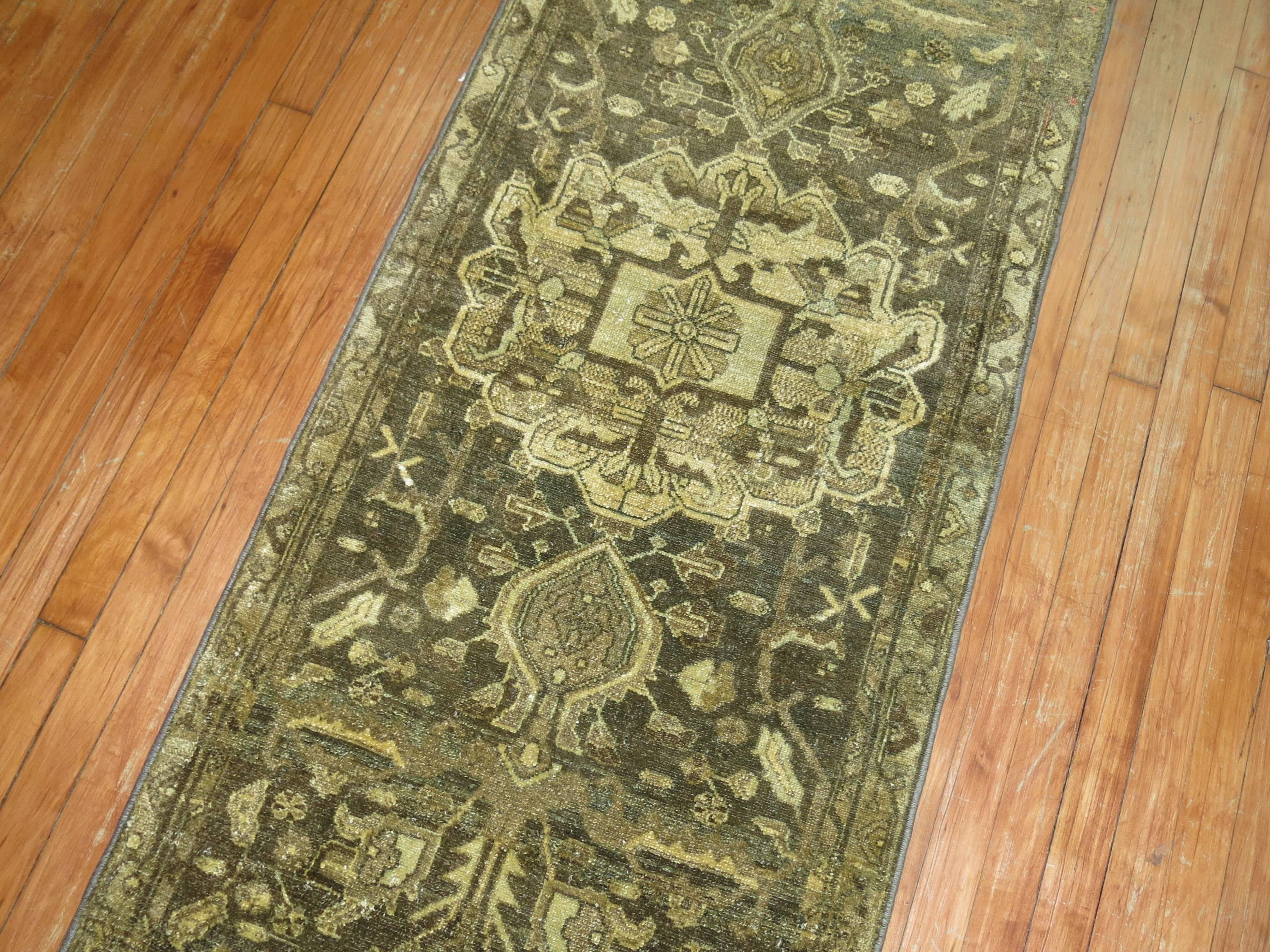 Army Olive Deep Green Brown Persian Malayer Runner In Good Condition For Sale In New York, NY