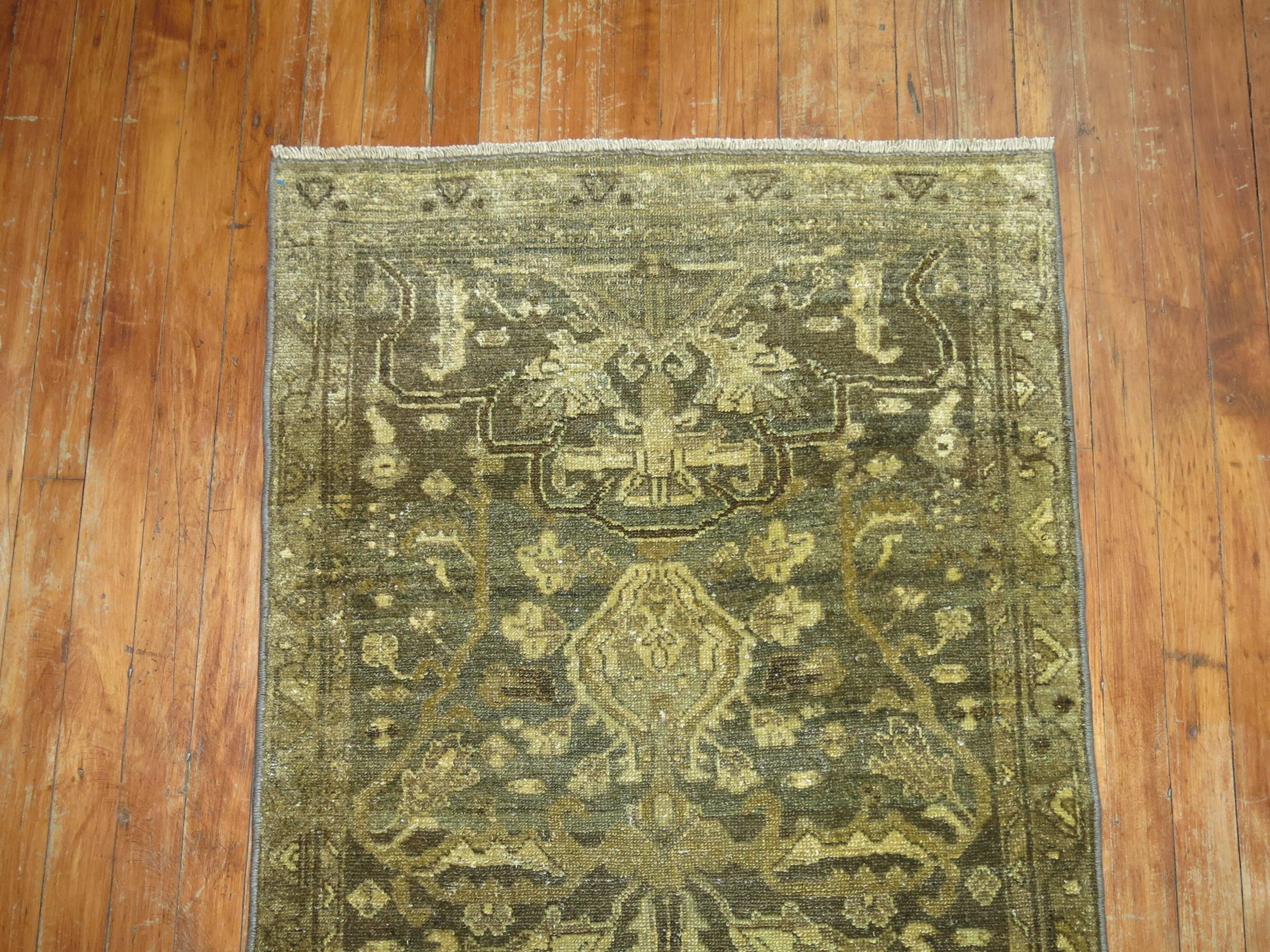 Early 20th Century Army Olive Deep Green Brown Persian Malayer Runner For Sale